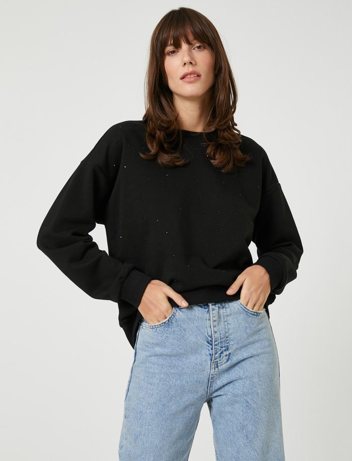  Taş Detaylı Sweatshirt Bisiklet Yaka