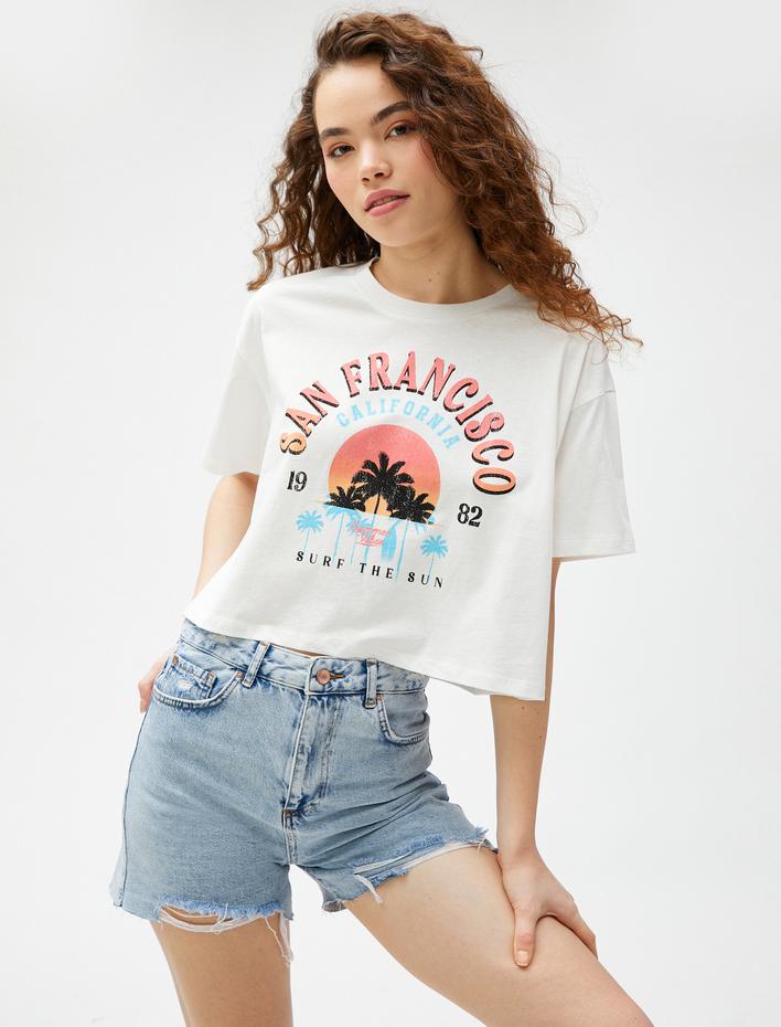  Crop Tişört Baskılı Kısa Kollu Bisiklet Yaka Pamuklu