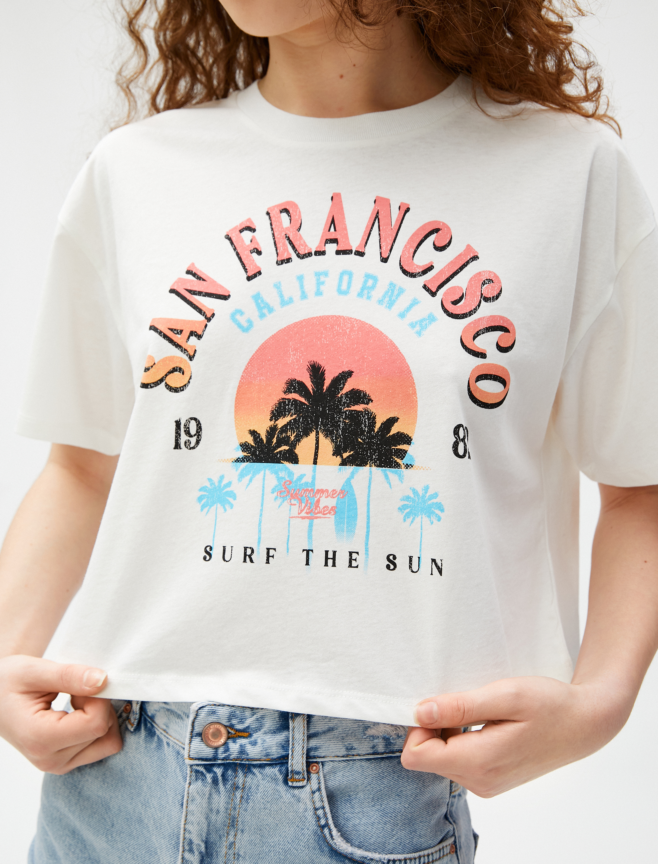   Crop Tişört Baskılı Kısa Kollu Bisiklet Yaka Pamuklu