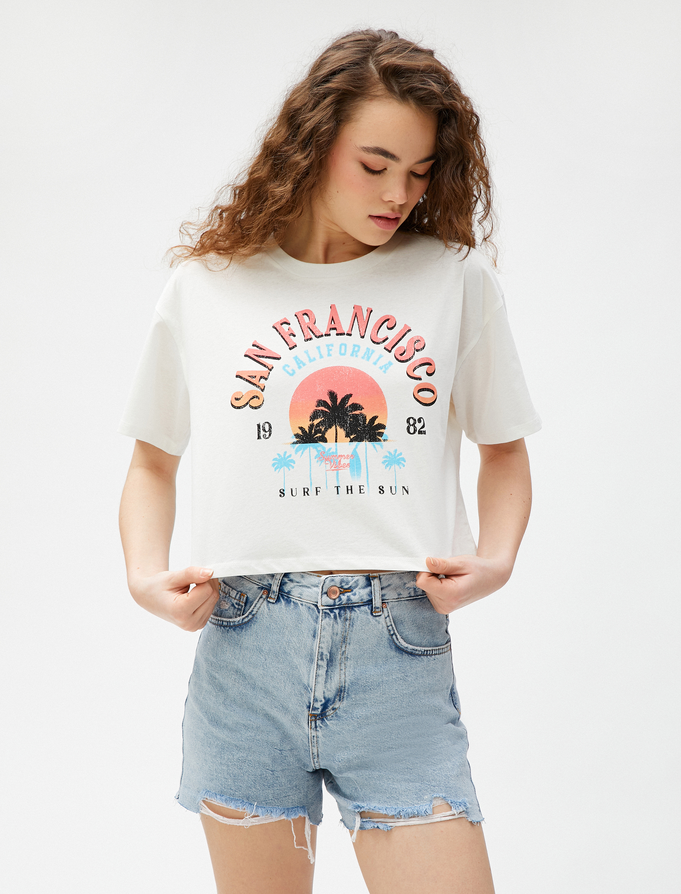   Crop Tişört Baskılı Kısa Kollu Bisiklet Yaka Pamuklu