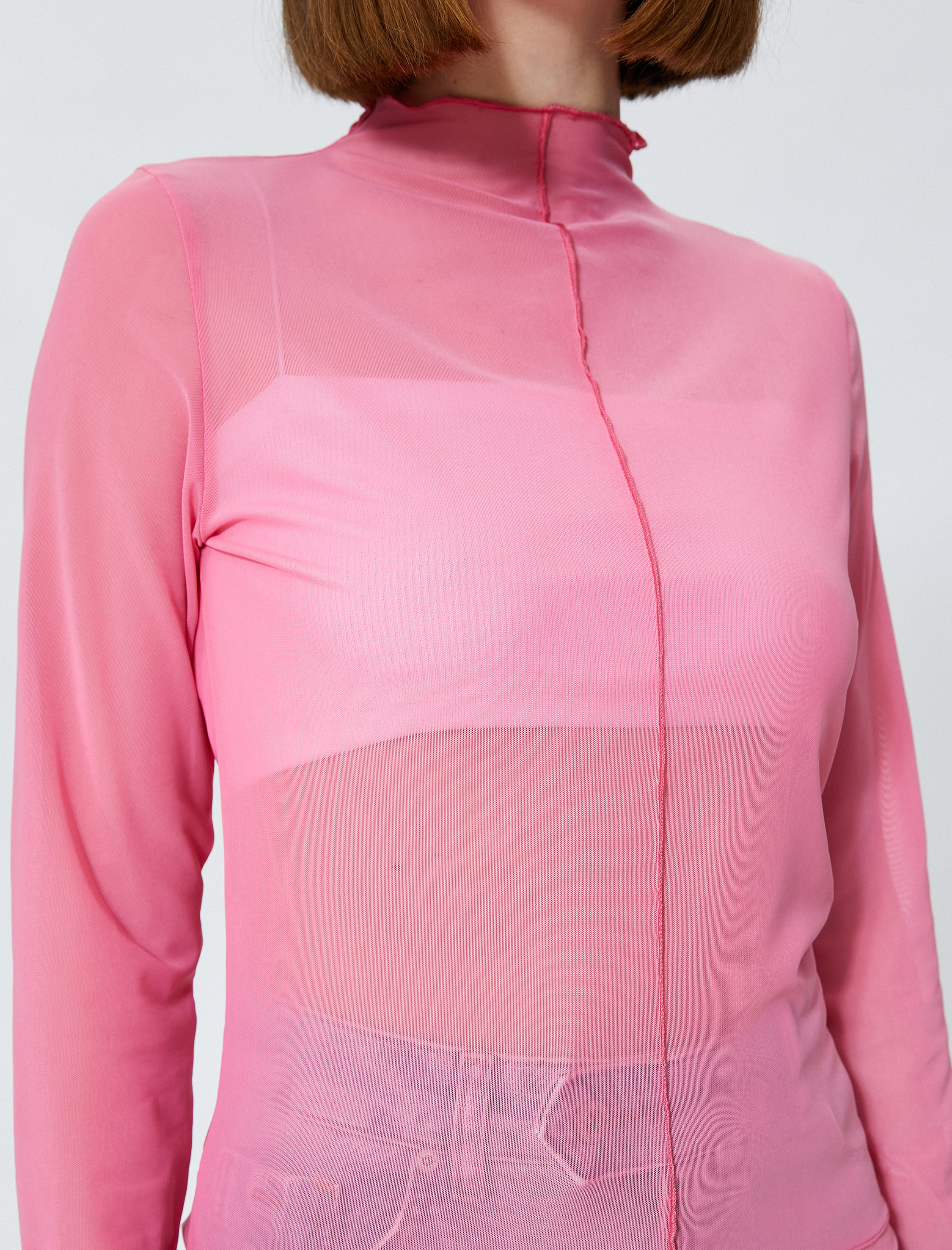   Transparan Tişört Dik Yaka Uzun Kollu