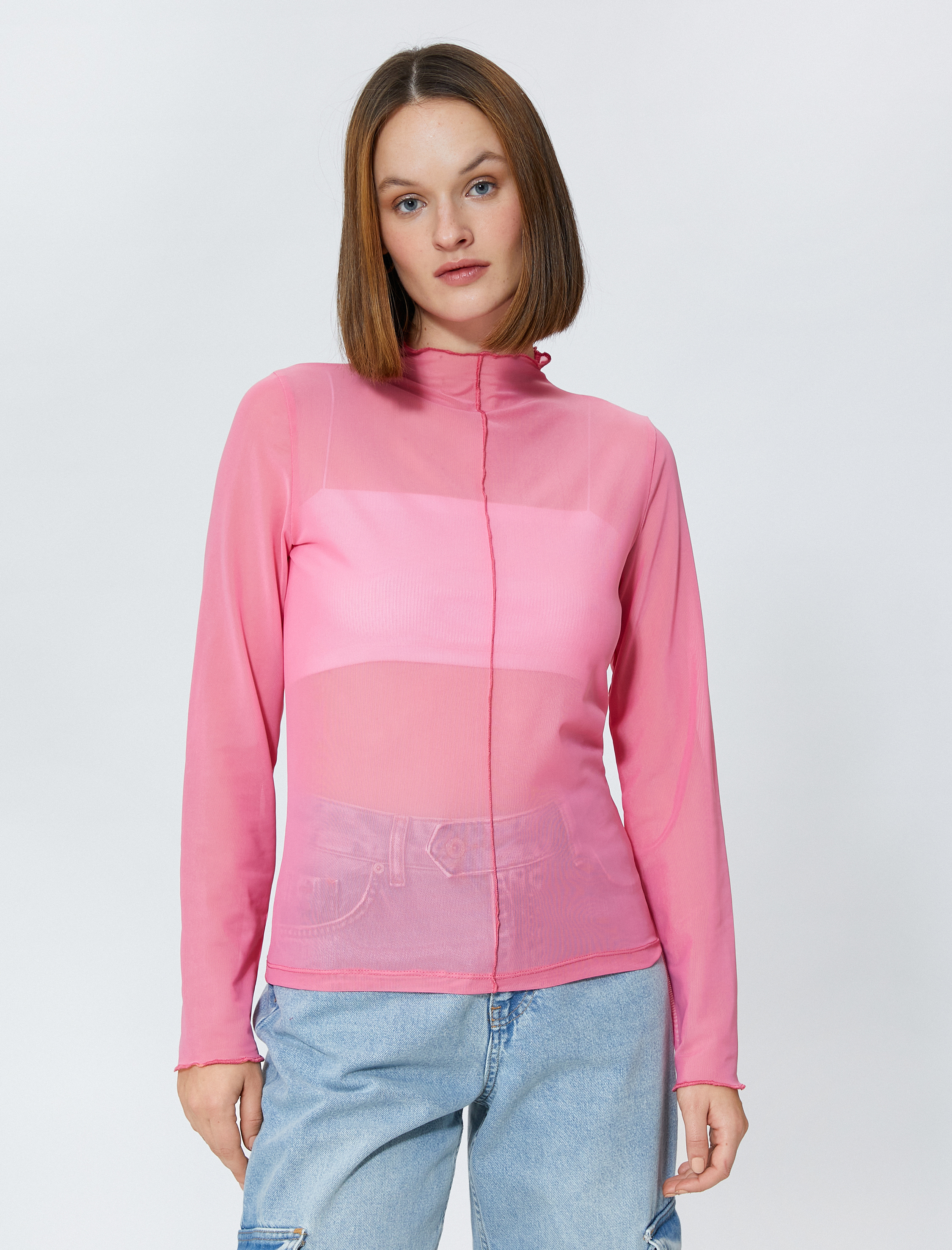   Transparan Tişört Dik Yaka Uzun Kollu