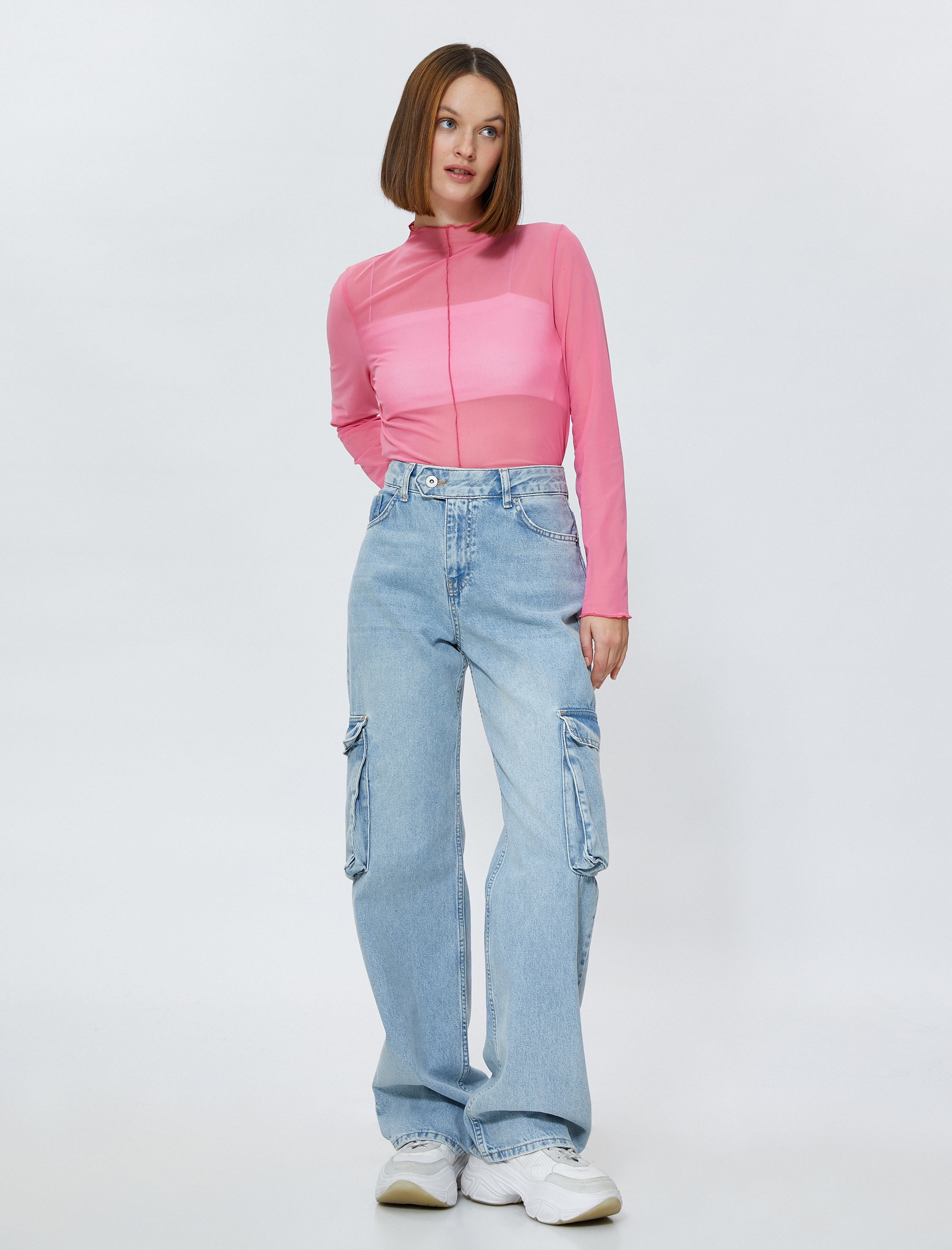   Transparan Tişört Dik Yaka Uzun Kollu