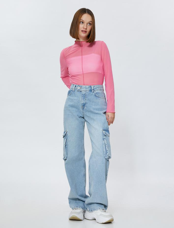  Transparan Tişört Dik Yaka Uzun Kollu