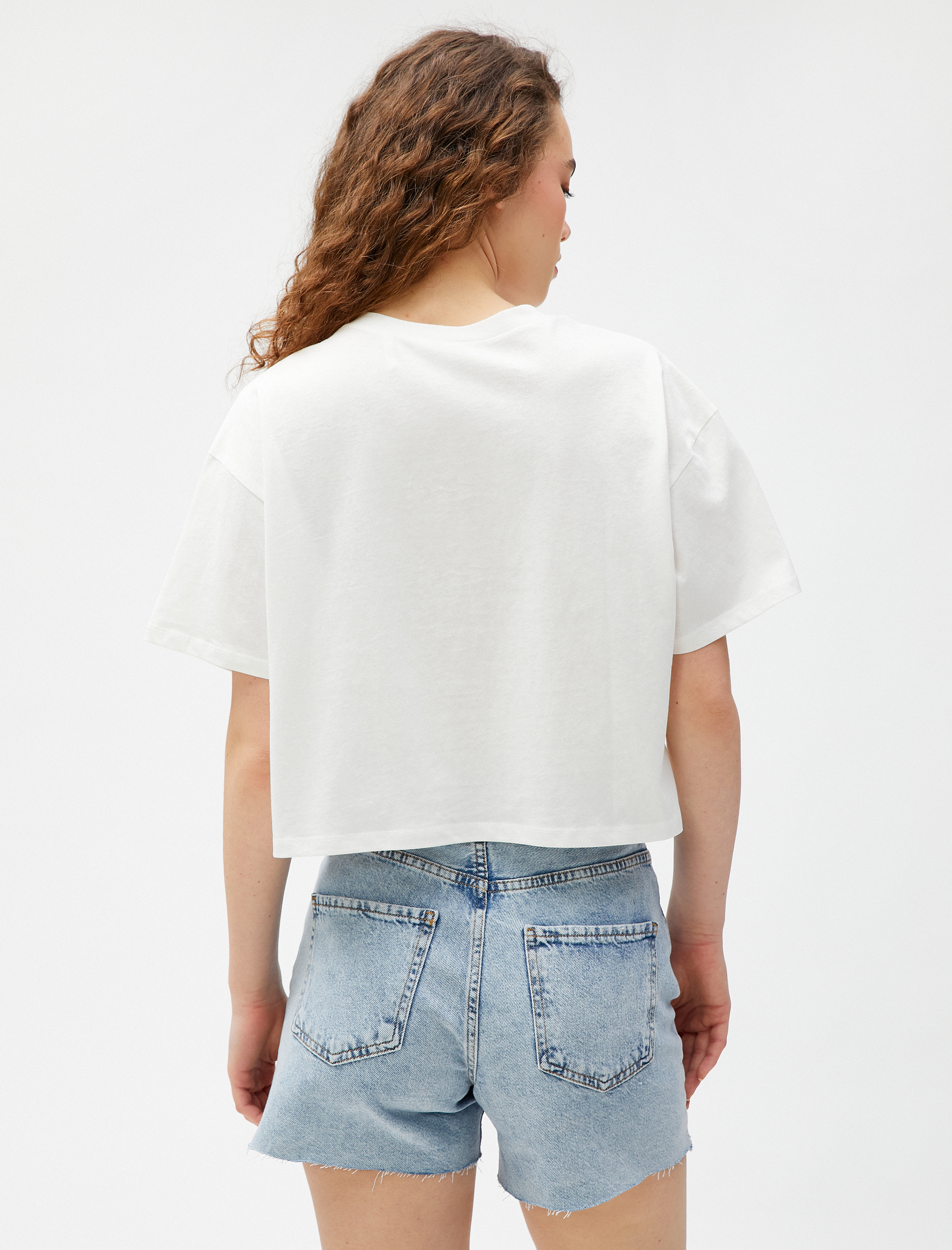   Crop Tişört Baskılı Kısa Kollu Bisiklet Yaka Pamuklu