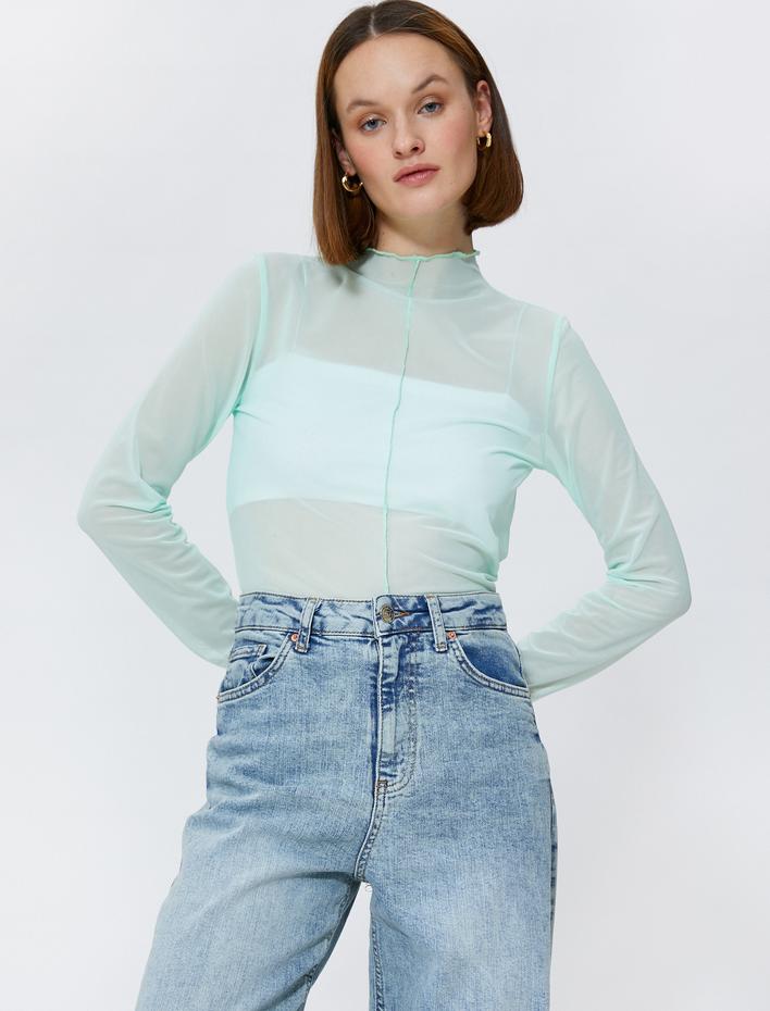  Transparan Tişört Dik Yaka Uzun Kollu