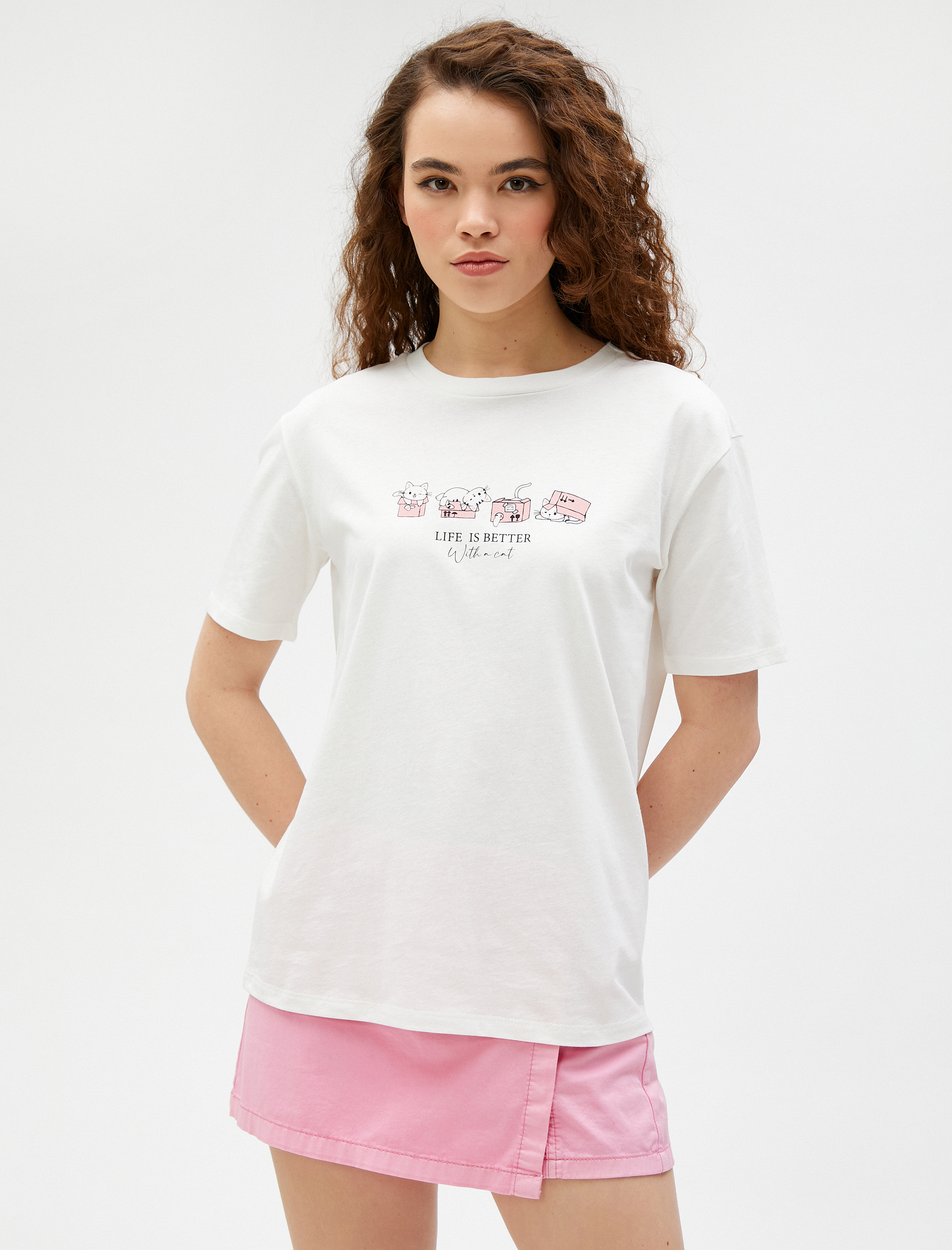   Baskılı Tişört Bisiklet Yaka Kısa Kollu Pamuklu