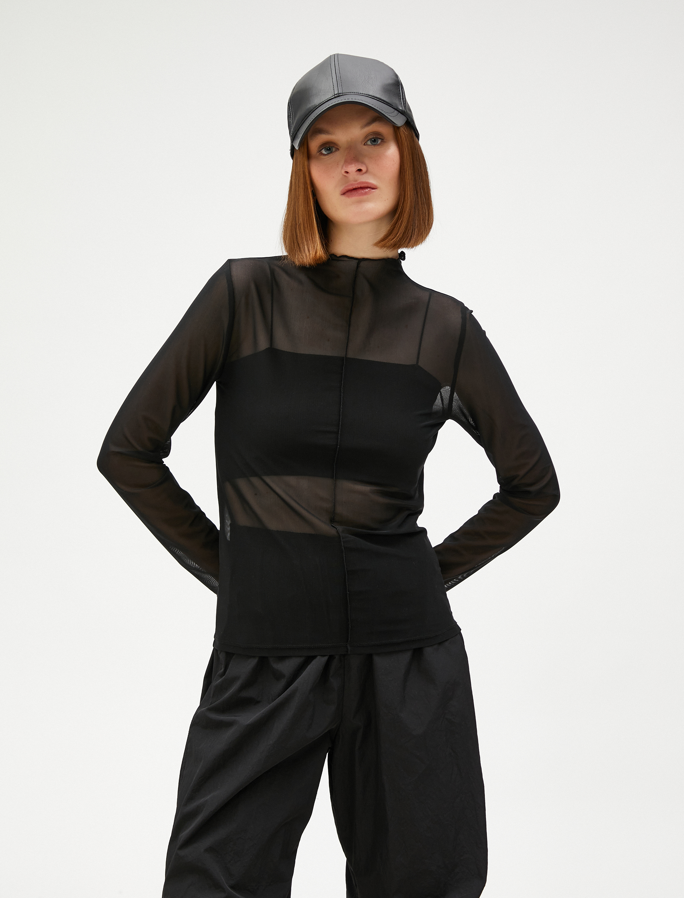   Transparan Tişört Dik Yaka Uzun Kollu