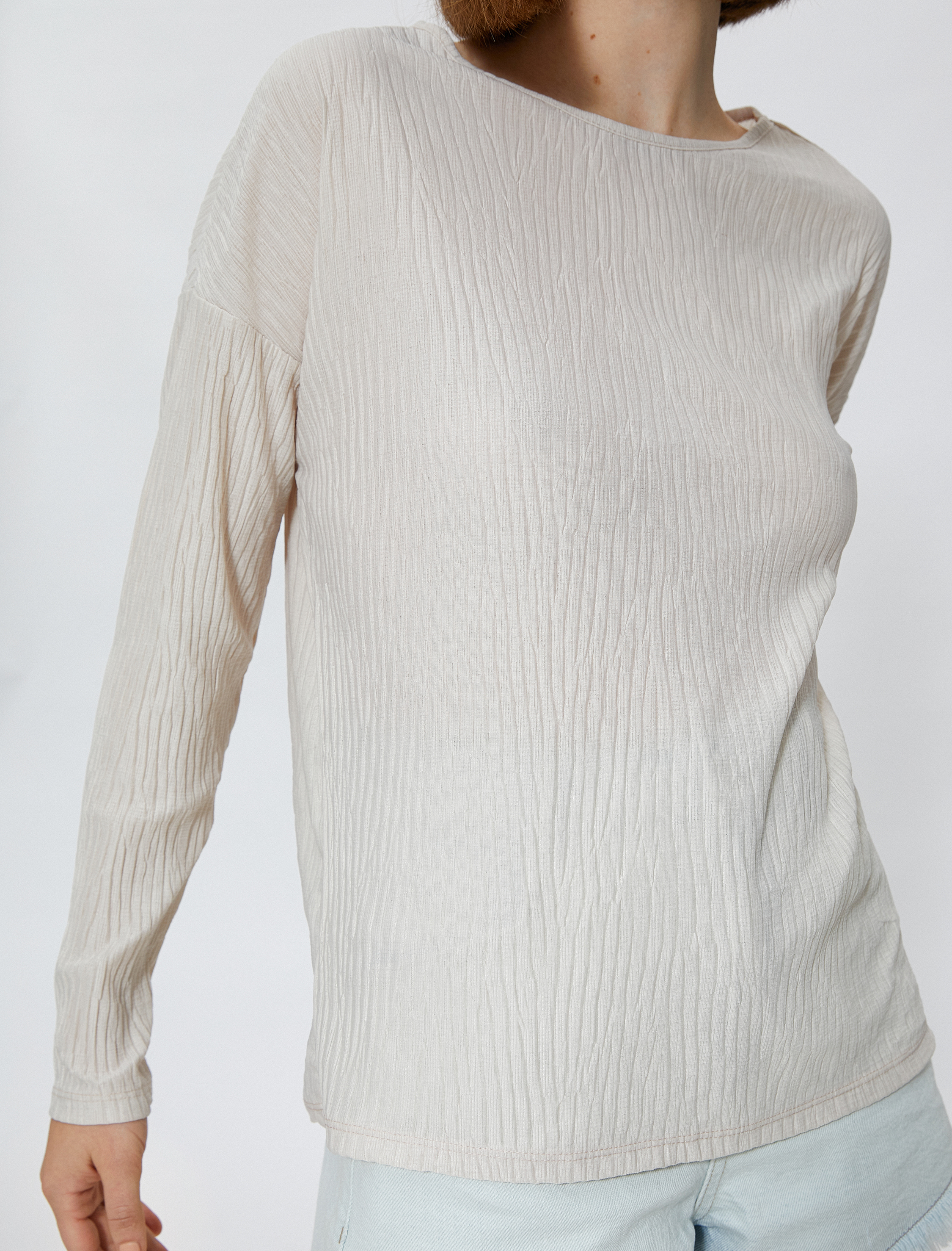   Uzun Kollu Tişört Kayık Yaka