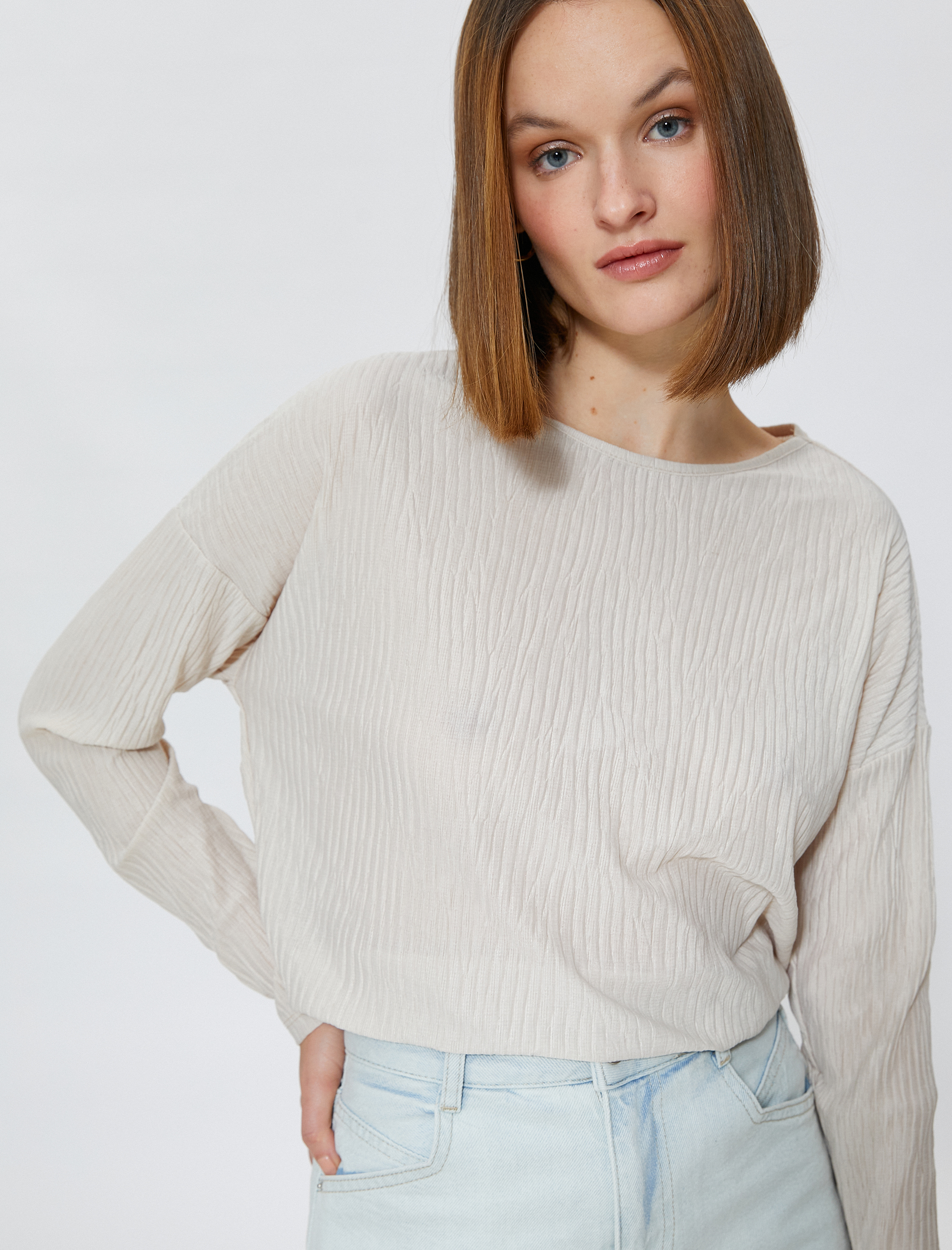   Uzun Kollu Tişört Kayık Yaka