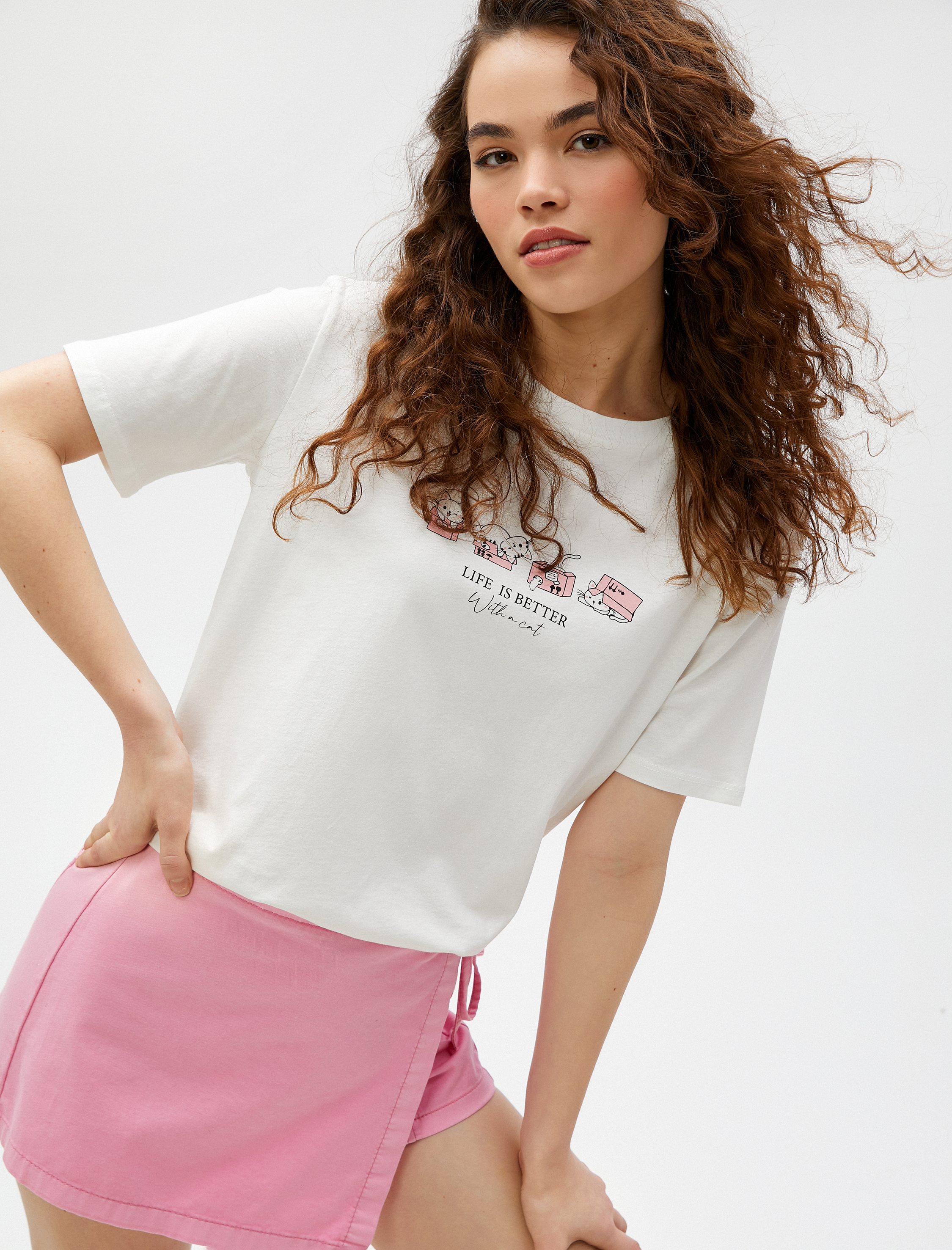   Baskılı Tişört Bisiklet Yaka Kısa Kollu Pamuklu