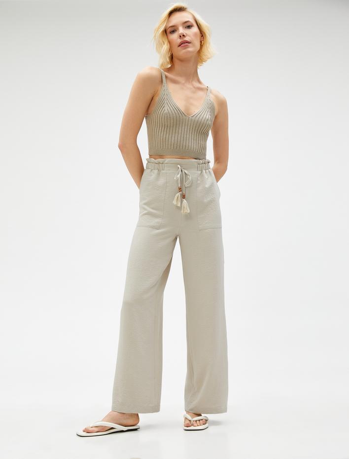  Bol Paça Pantolon Cepli Beli Bağlamalı