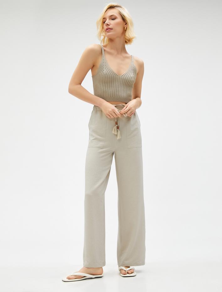  Bol Paça Pantolon Cepli Beli Bağlamalı