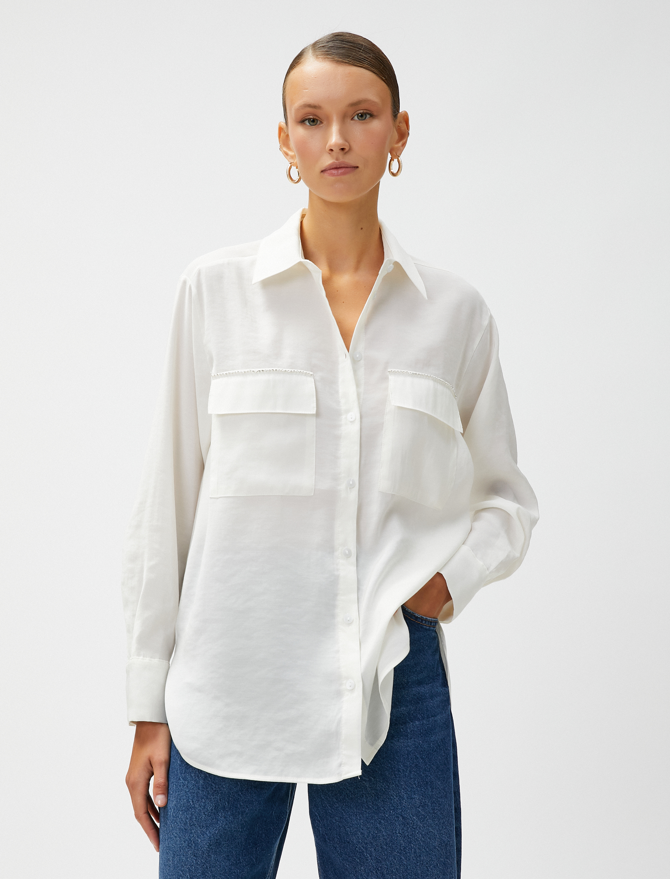   Cepli Taş Detaylı Gömlek Modal Karışımlı