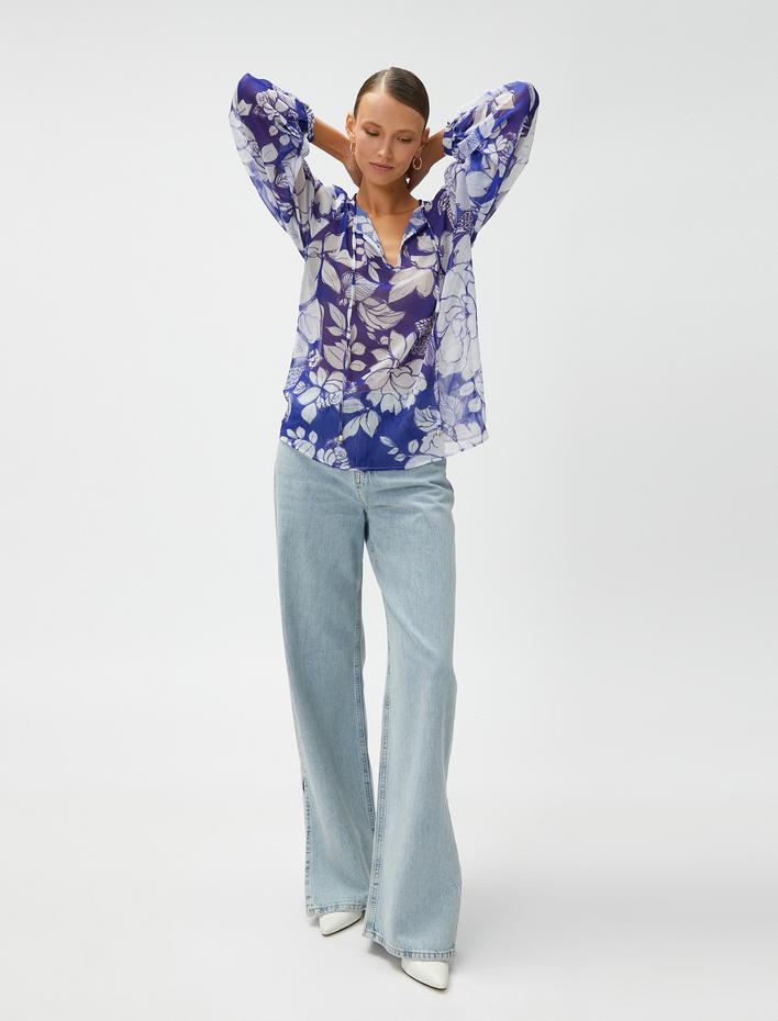  Şifon Bluz Çiçekli V Yaka