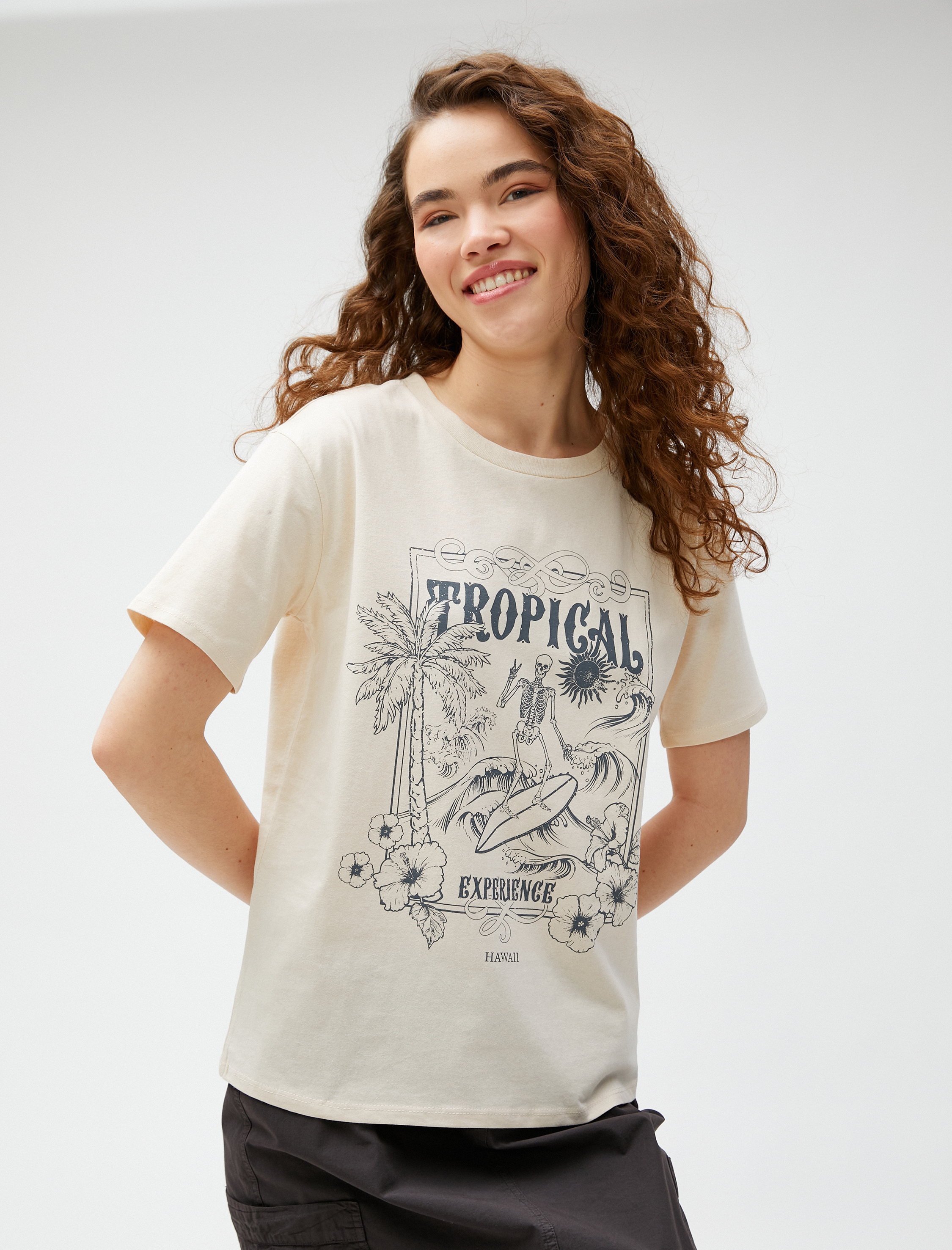   Baskılı Tişört Bisiklet Yaka Kısa Kollu Pamuklu