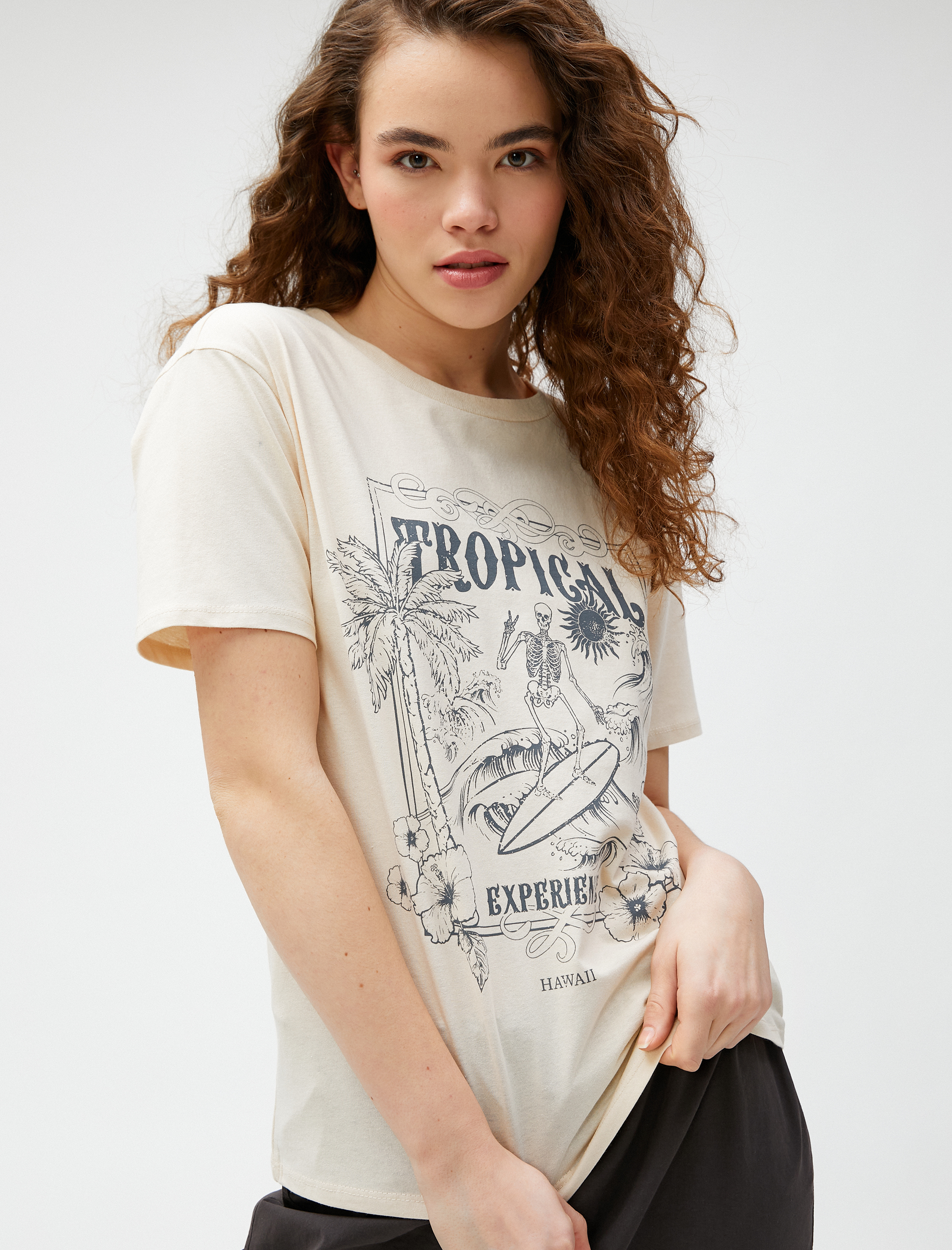   Baskılı Tişört Bisiklet Yaka Kısa Kollu Pamuklu