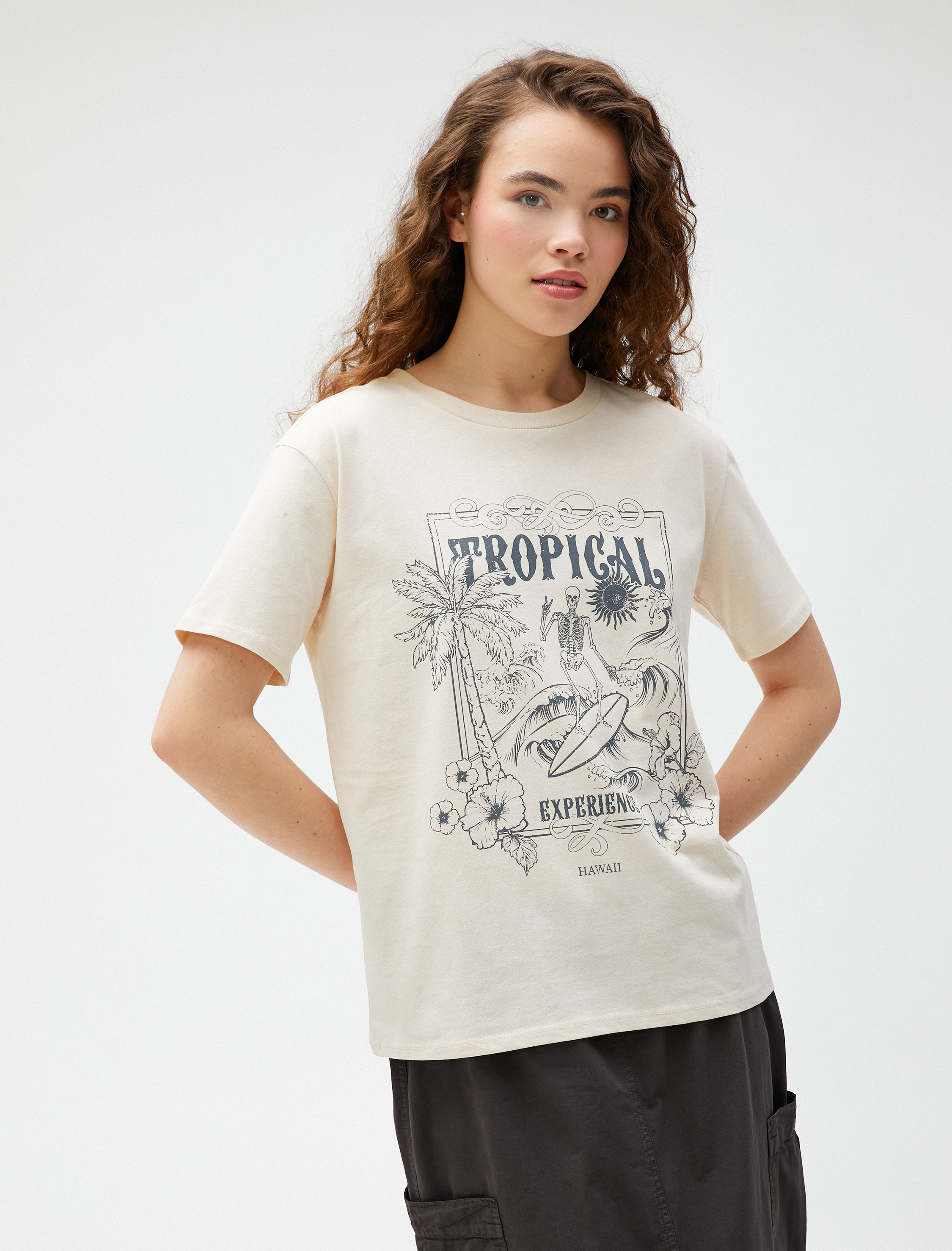   Baskılı Tişört Bisiklet Yaka Kısa Kollu Pamuklu