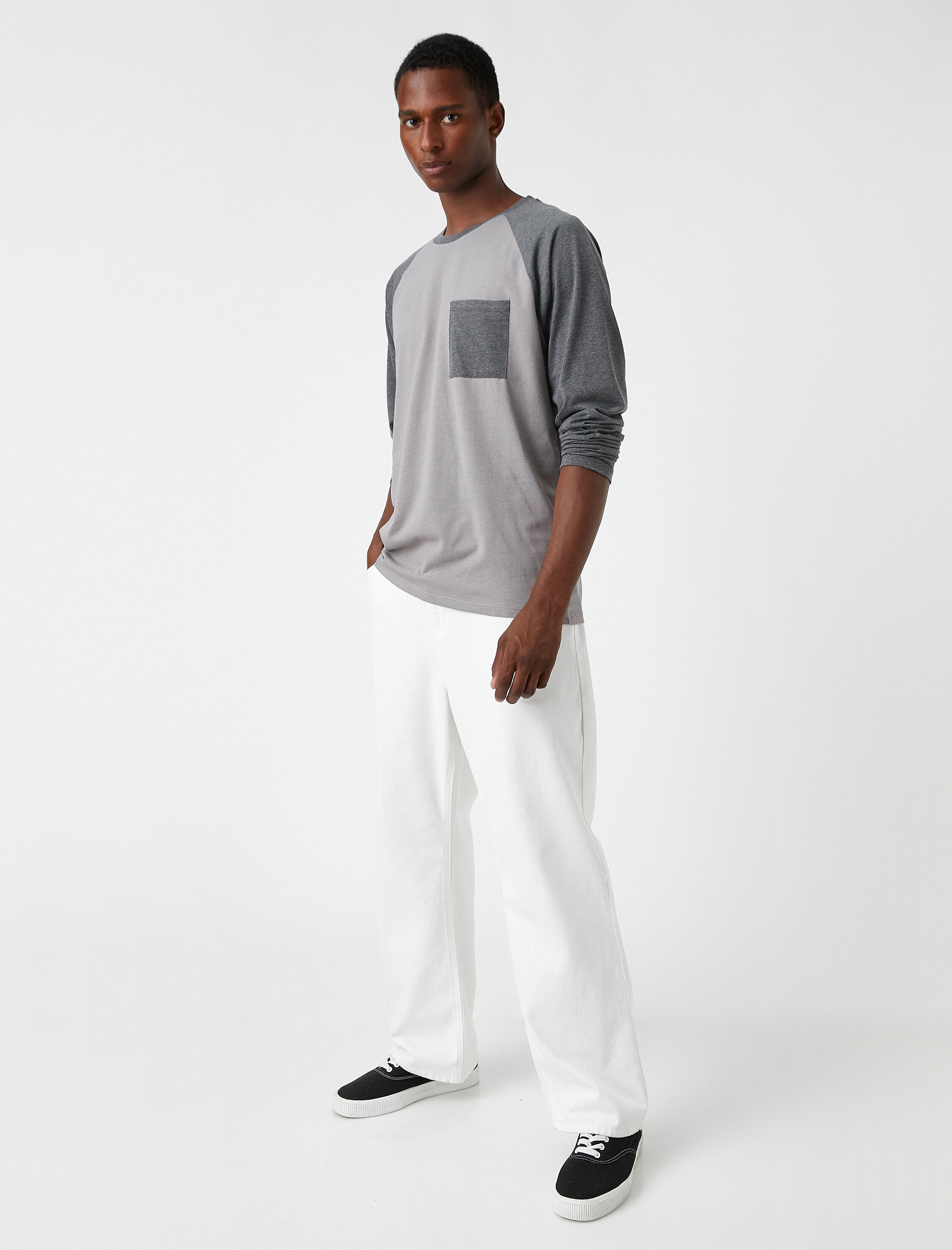   Uzun Kollu Tişört Bisiklet Yaka Cep Detaylı