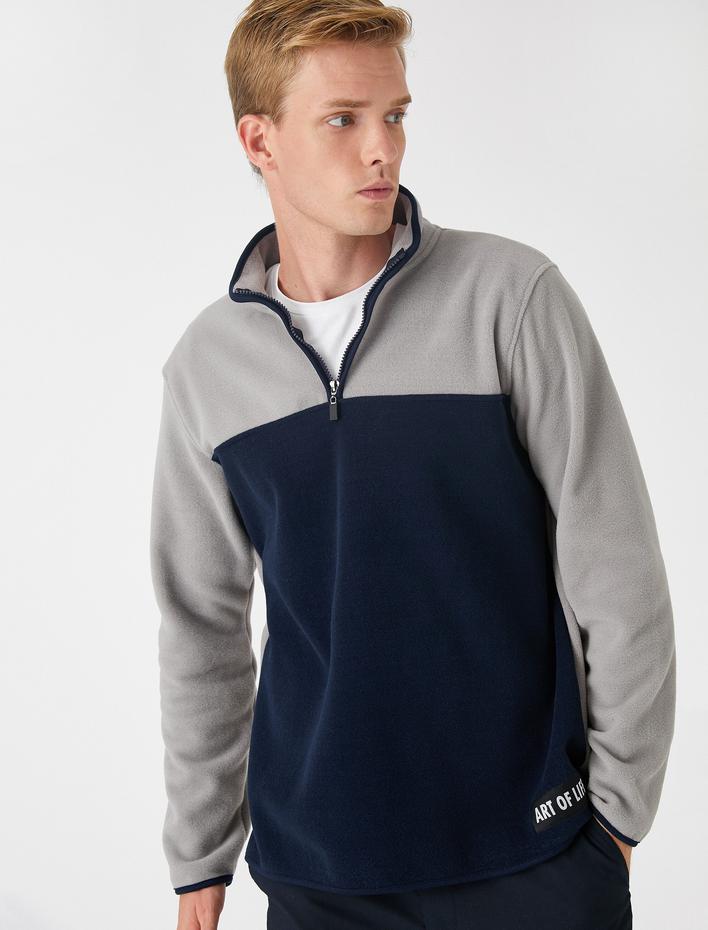  Polar Sweatshirt Renk Bloklu Dik Yaka