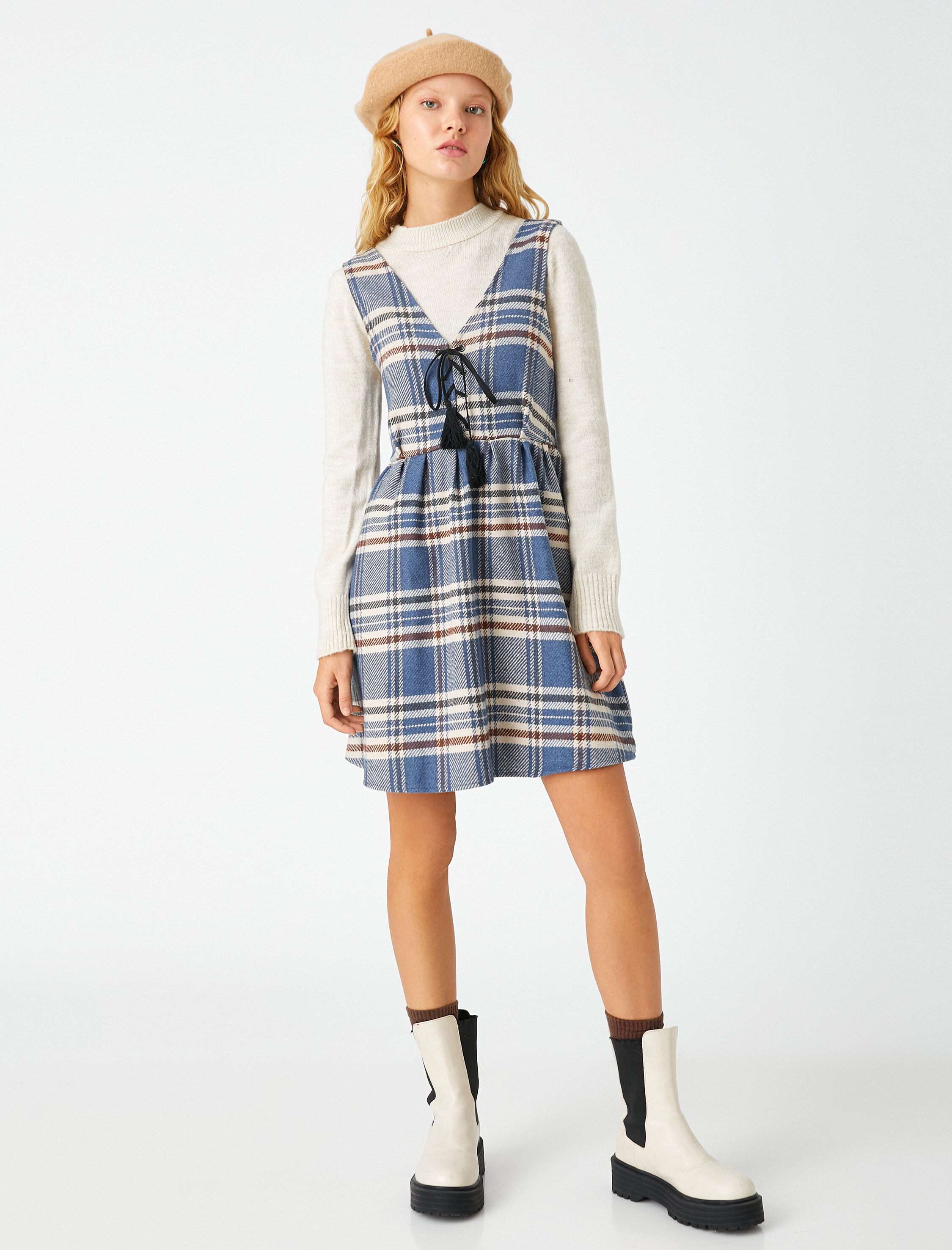   Desenli Salopet Elbise Jile Püskül Detaylı