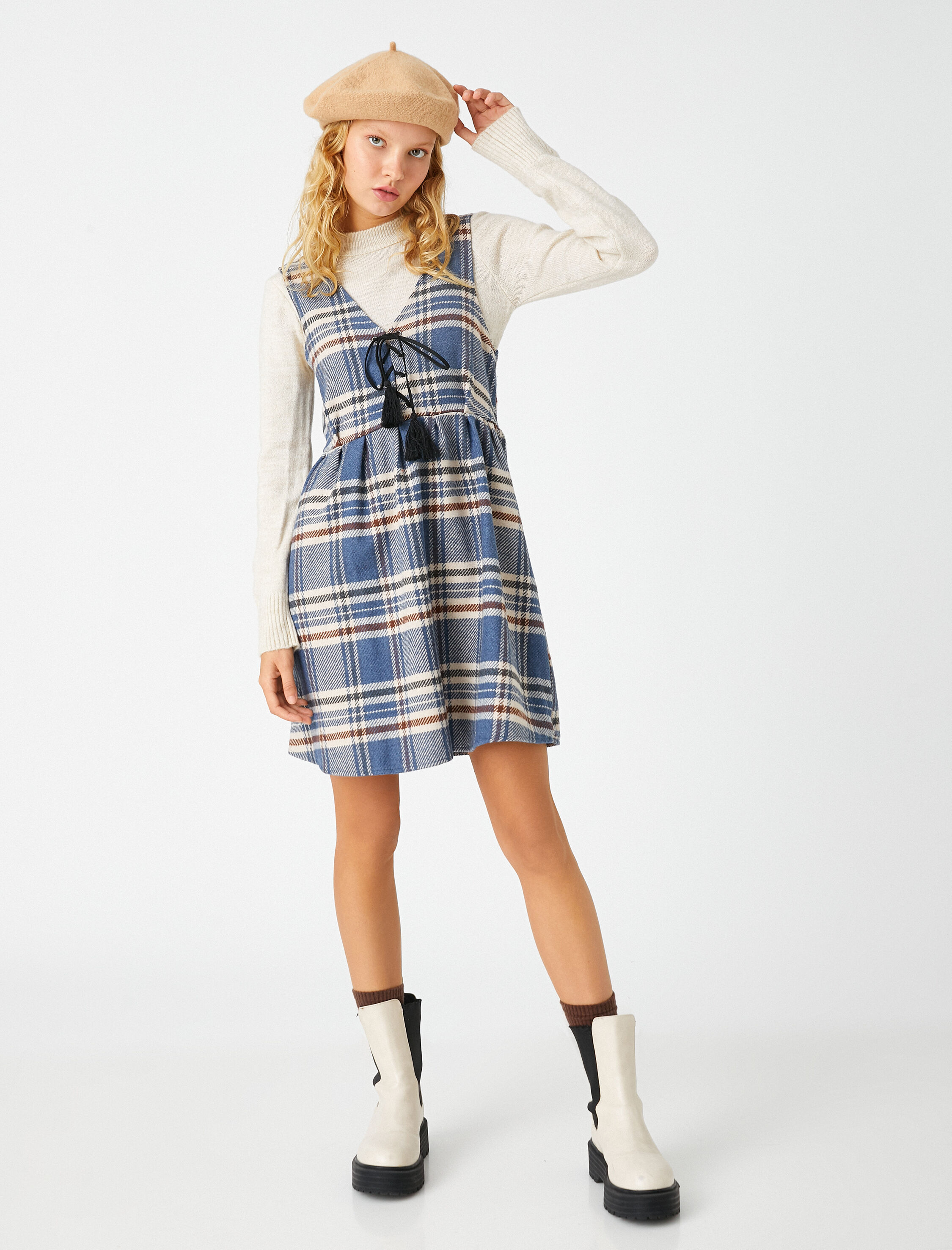   Desenli Salopet Elbise Jile Püskül Detaylı