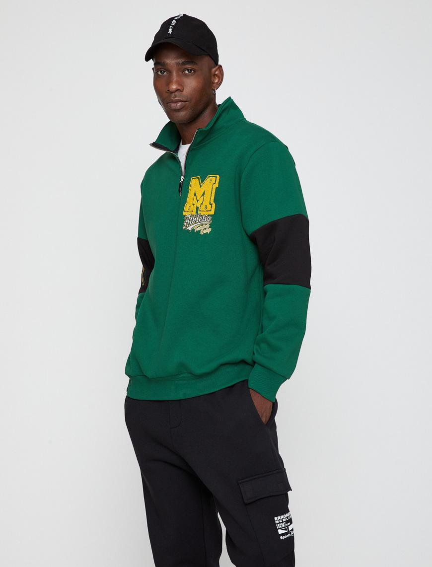   Kolej Baskılı Sweatshirt Şardonlu Dik Yaka