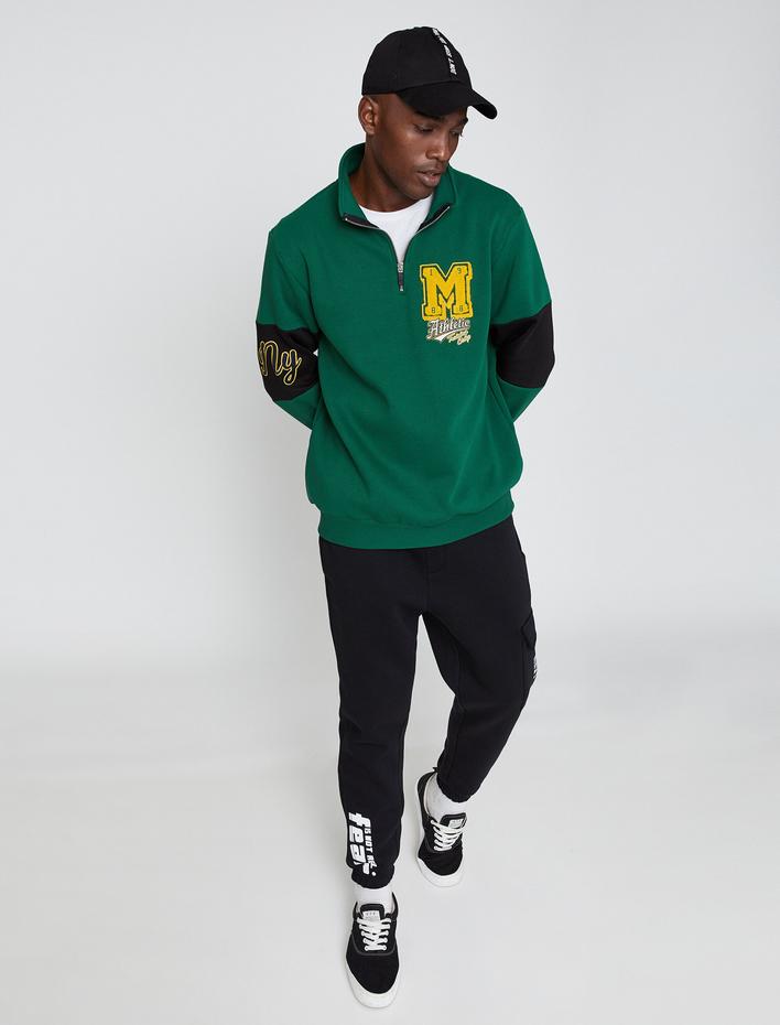  Kolej Baskılı Sweatshirt Şardonlu Dik Yaka