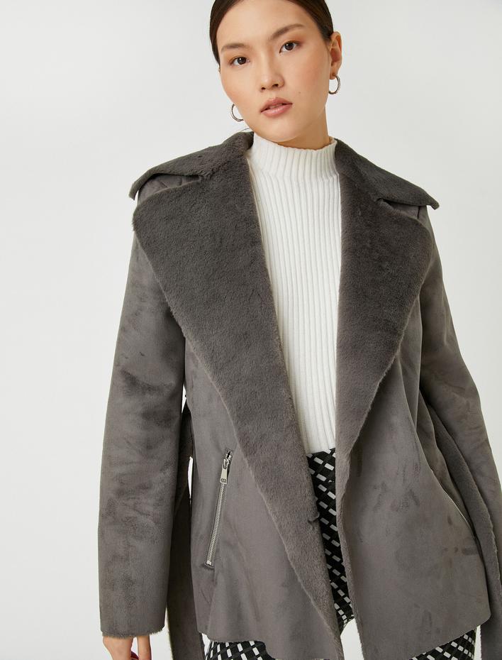  Süet Görünümlü Ceket Kuşaklı İçi Peluş