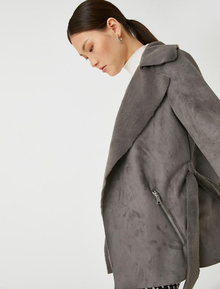  Süet Görünümlü Ceket Kuşaklı İçi Peluş