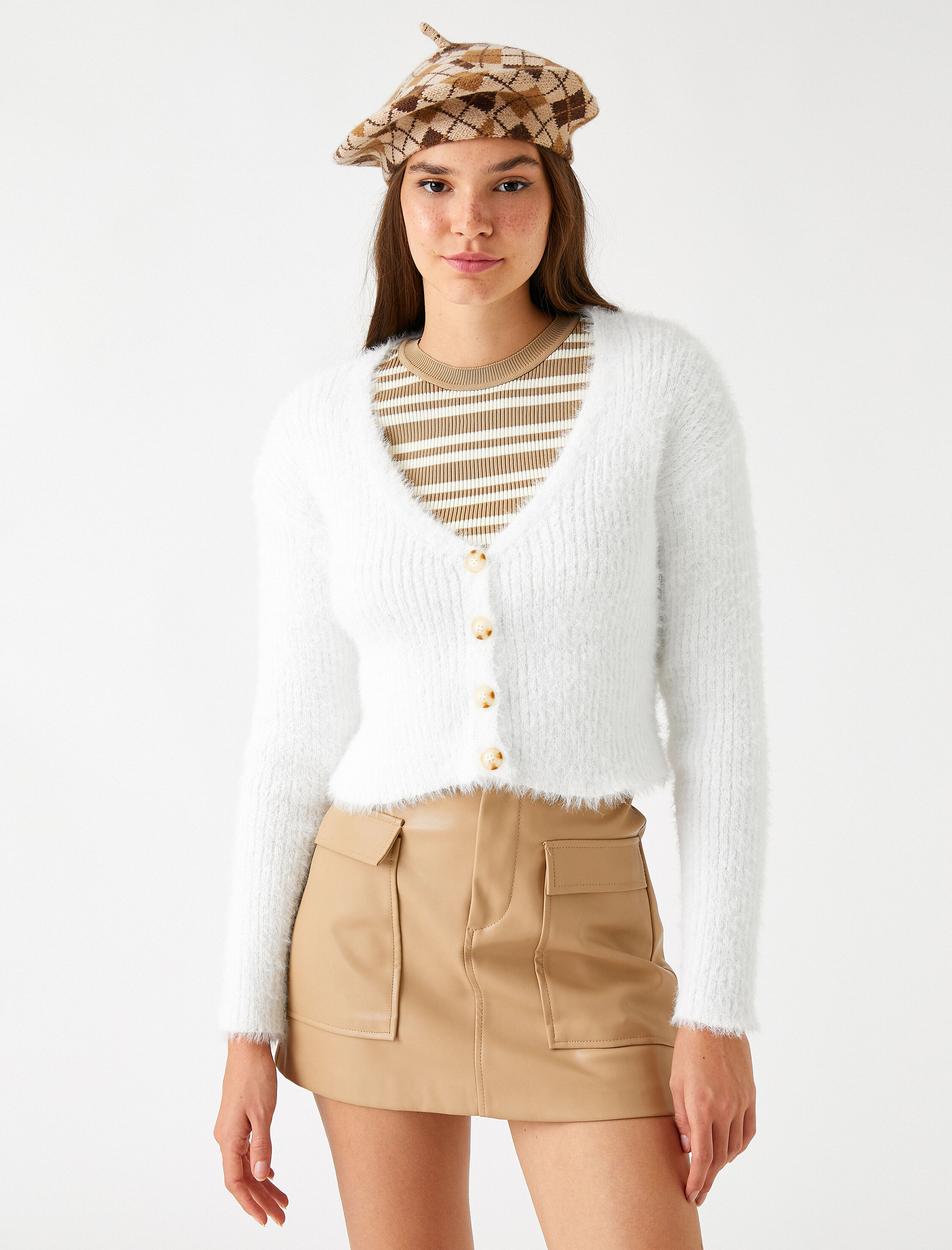   Crop Hırka V Yaka Uzun Kollu