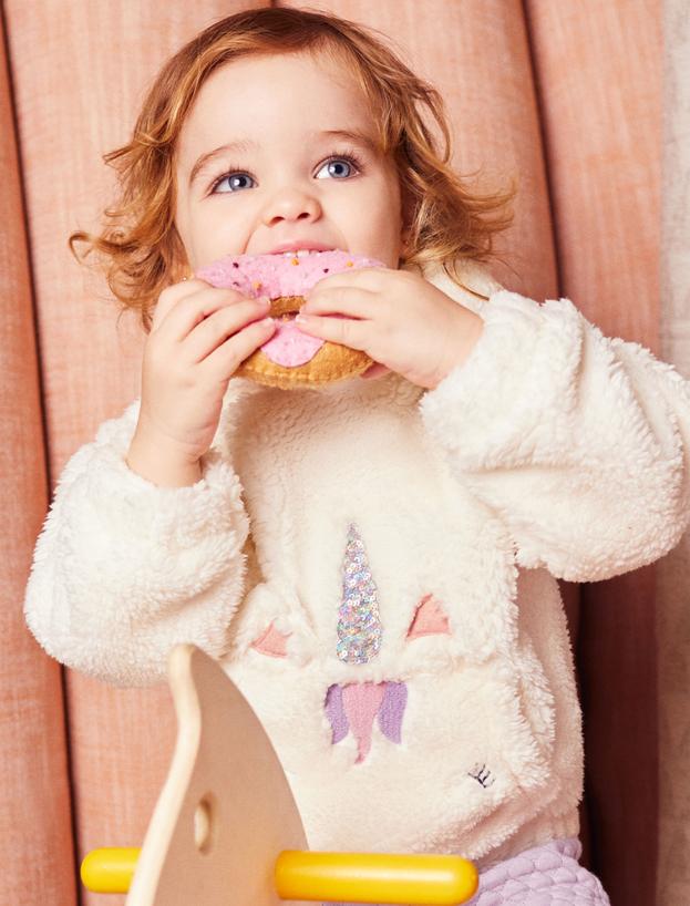  Kız Bebek Peluş Kapüşonlu Sweatshirt Unicorn Aplike Detaylı