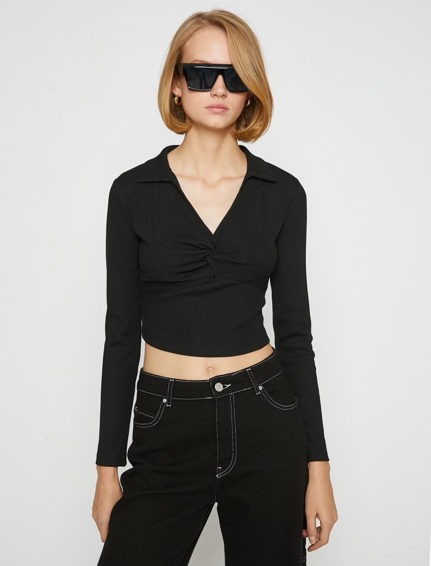   Polo Yaka Crop Tişört Uzun Kollu