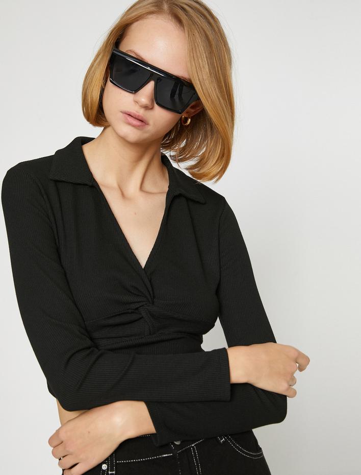  Polo Yaka Crop Tişört Uzun Kollu