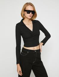 Polo Yaka Crop Tişört Uzun Kollu