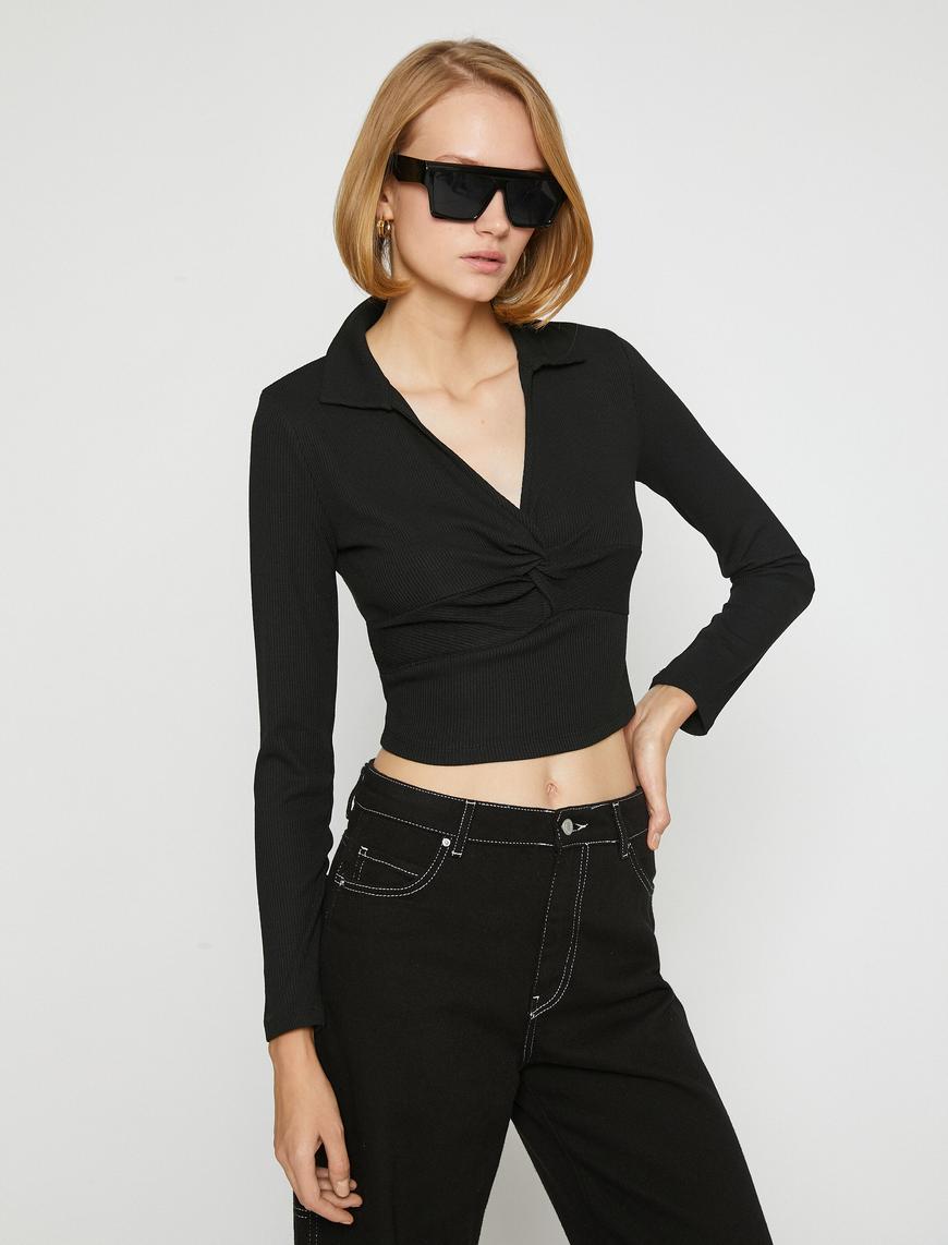   Polo Yaka Crop Tişört Uzun Kollu