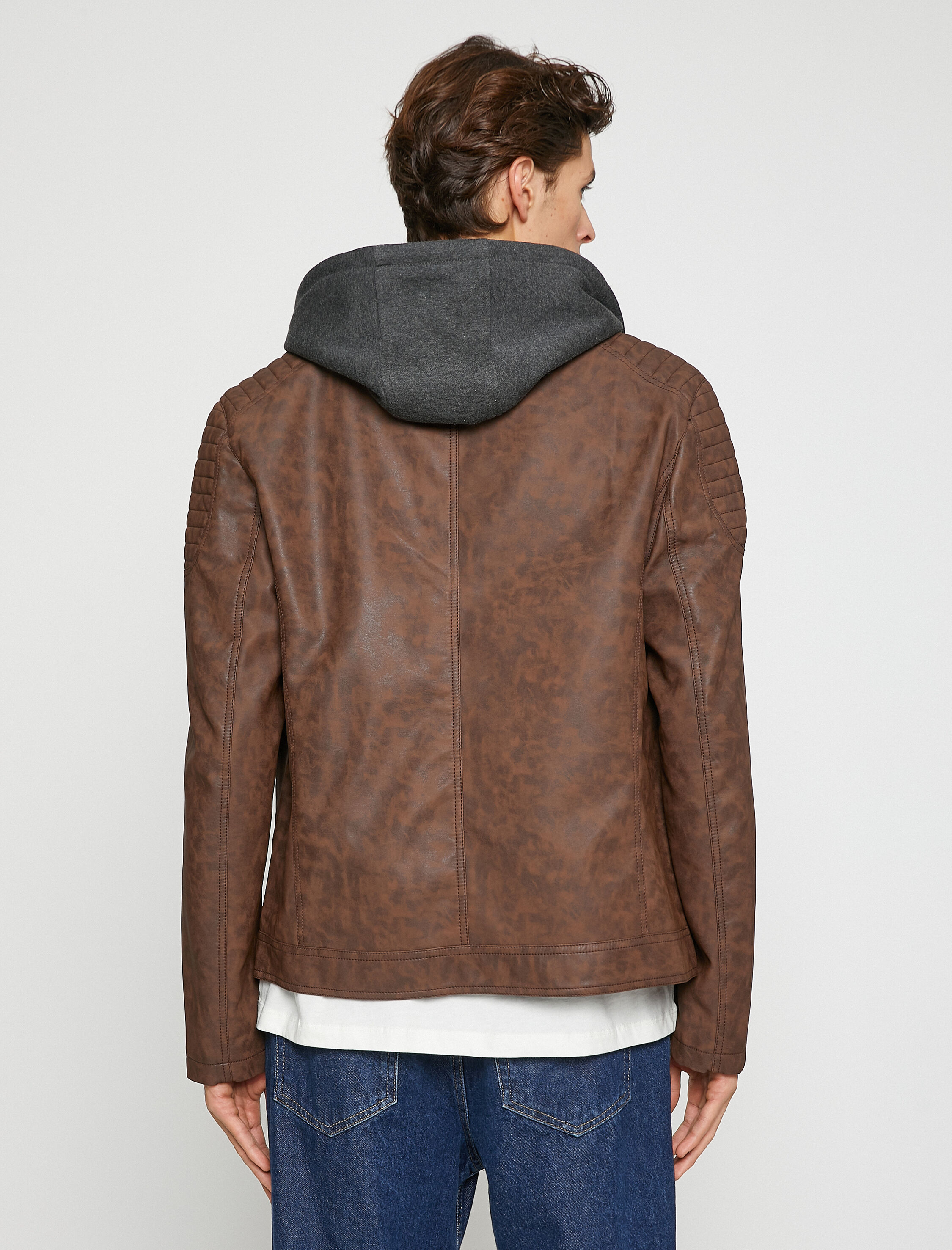   Deri Görünümlü Ceket Kapşonlu Fermuarlı Su Geçirmez