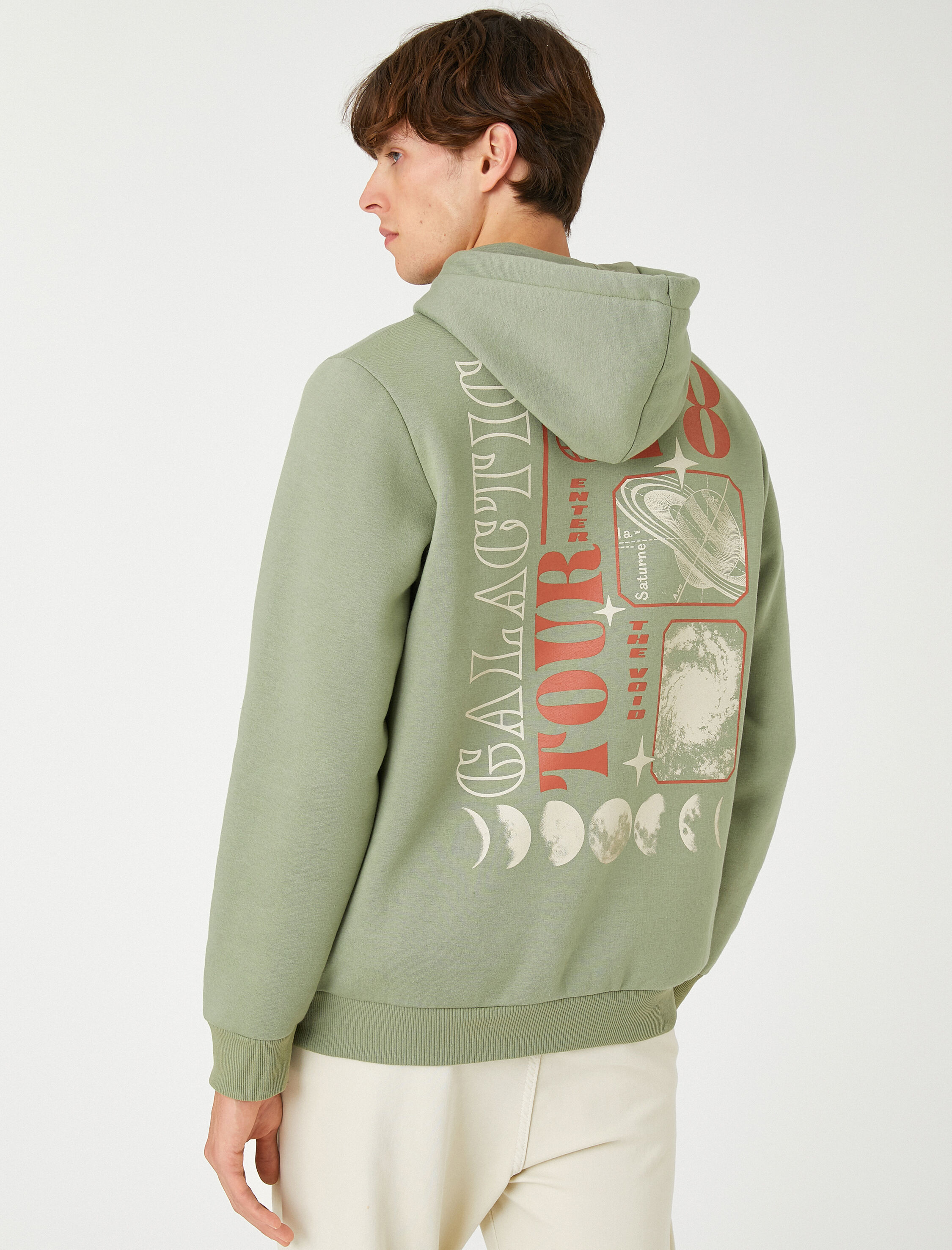   Kapşonlu Sweatshirt Şardonlu Uzay Baskılı Uzun Kollu