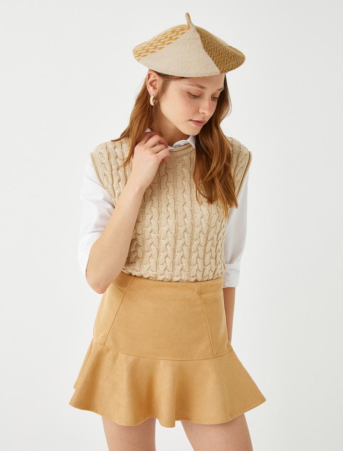  Süet Görünümlü Volanlı Mini Etek