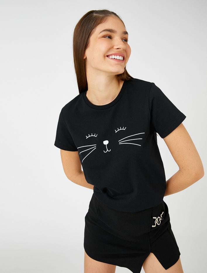  Bisiklet Yaka Tişört Kedi Baskılı Kısa Kollu