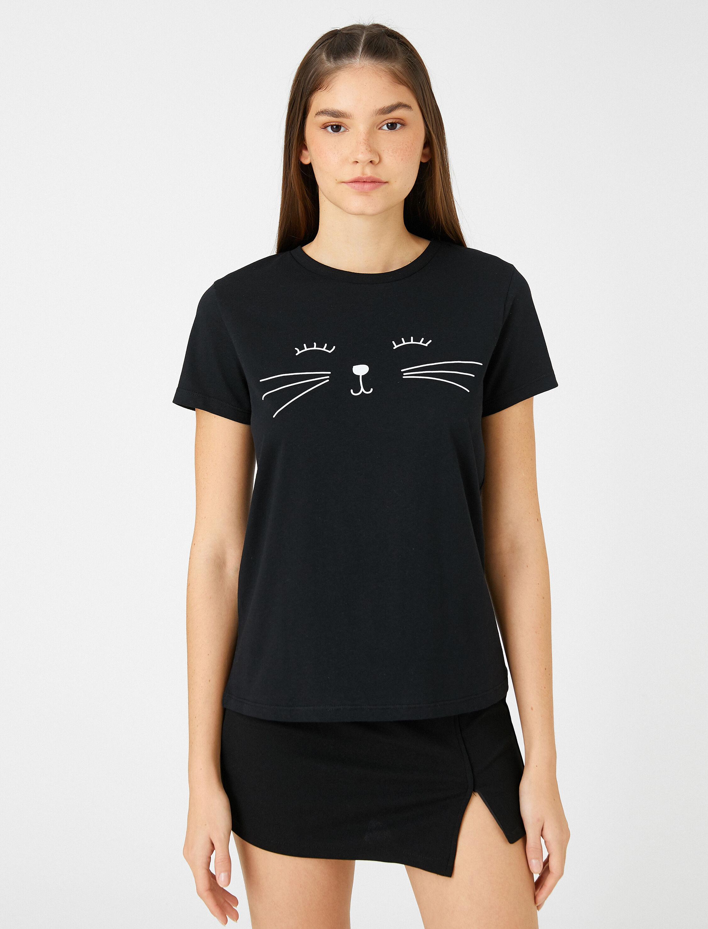   Bisiklet Yaka Tişört Kedi Baskılı Kısa Kollu