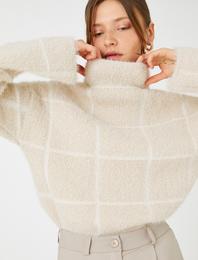 Peluş Oversize Triko Kazak Dik Yaka Uzun Kollu