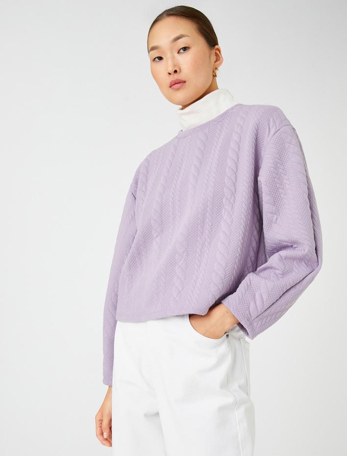  Crop Sweatshirt Örgü Desenli Uzun Kollu