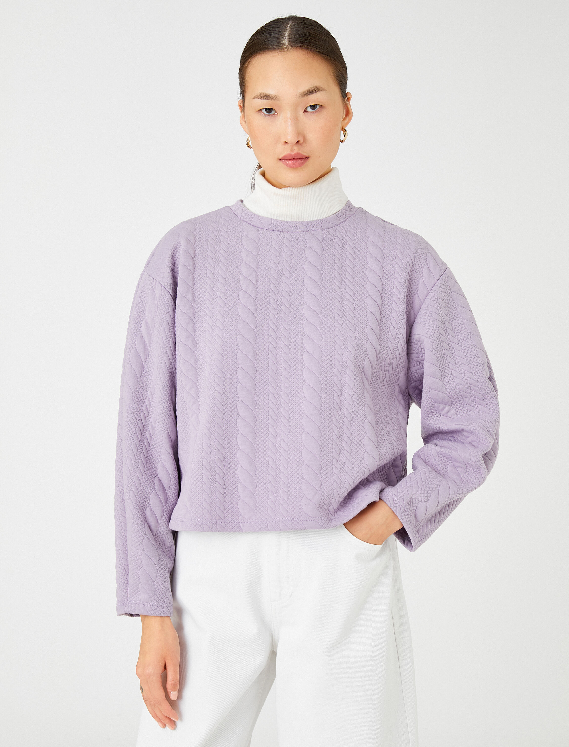   Crop Sweatshirt Örgü Desenli Uzun Kollu