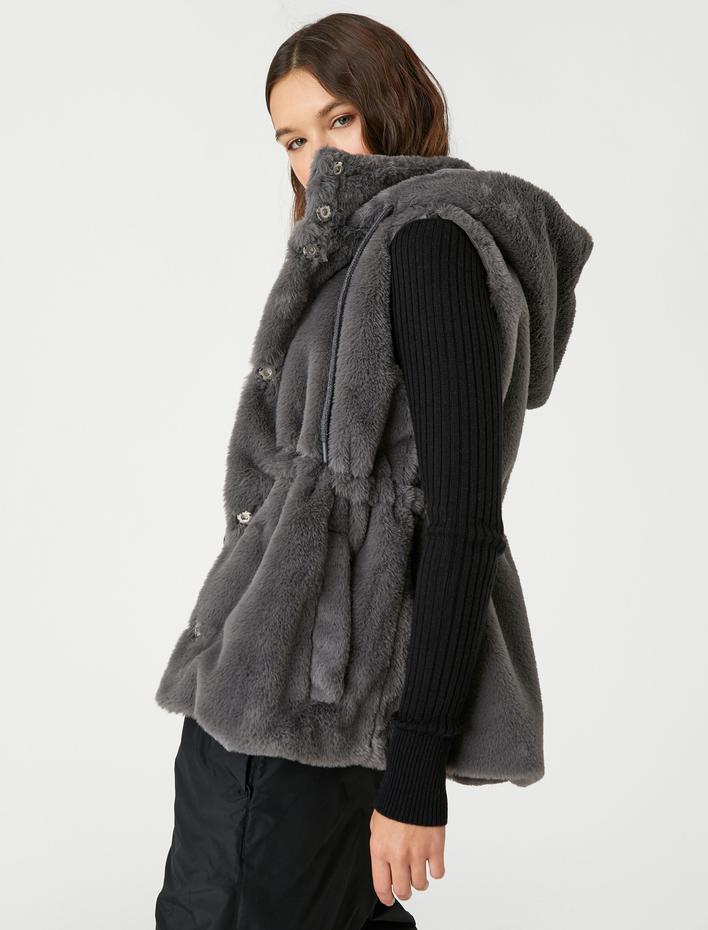  Peluş Ceket Kapüşonlu Kolsuz Bel Detaylı Cepli Dik Yaka