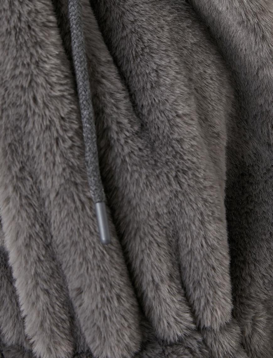   Peluş Ceket Kapüşonlu Kolsuz Bel Detaylı Cepli Dik Yaka