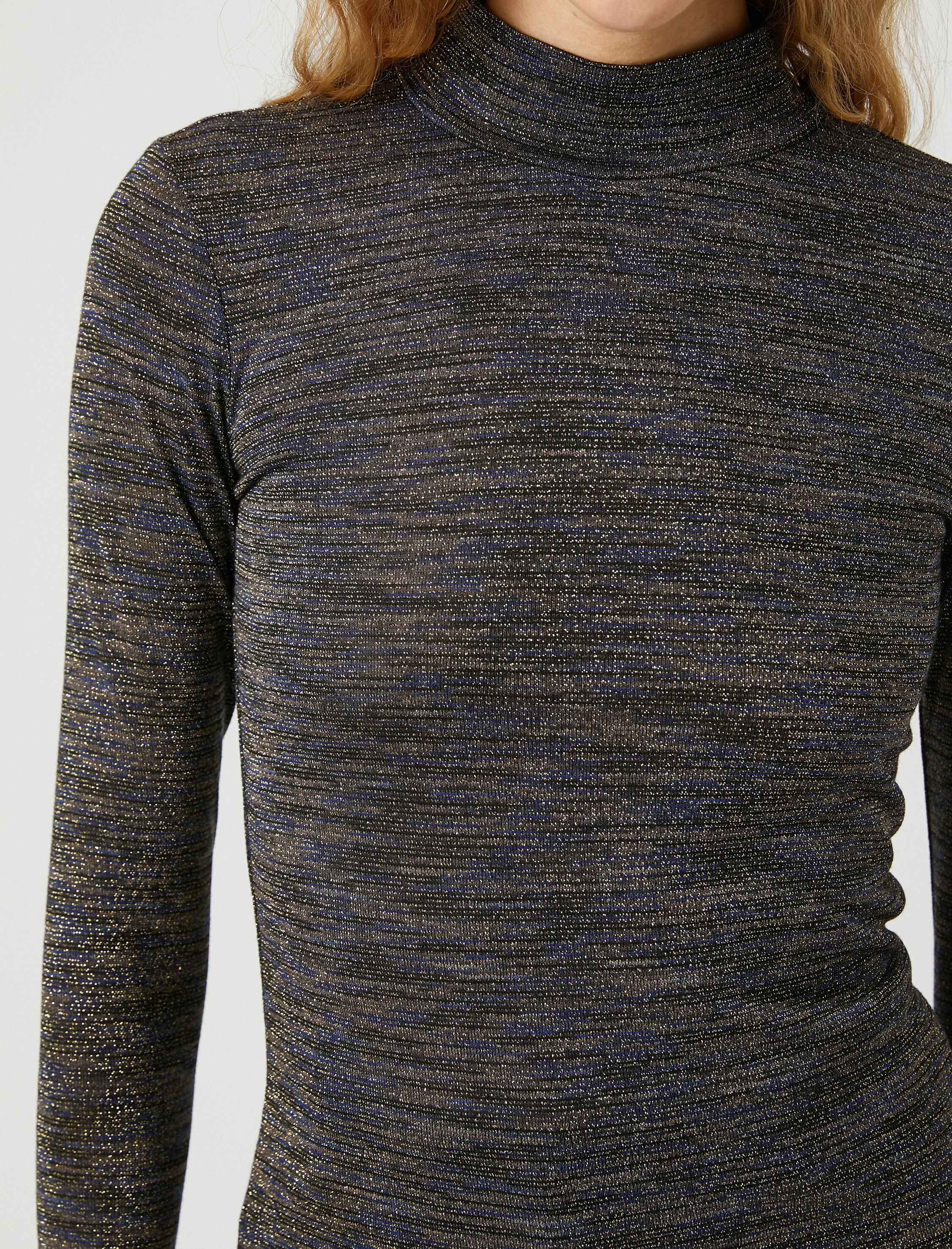   Uzun Kollu Tişört Simli Balıkçı Yaka Dar Kesim