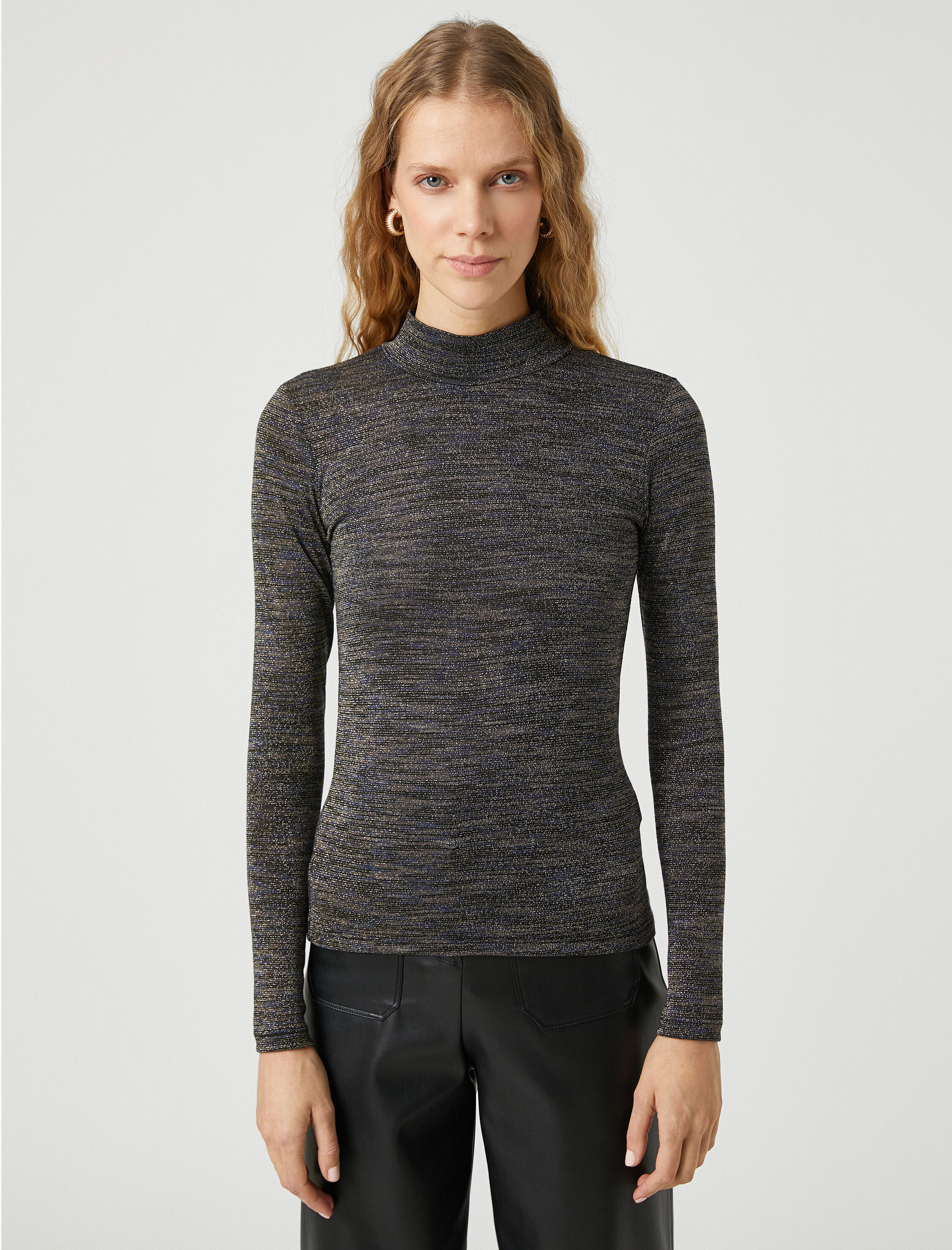   Uzun Kollu Tişört Simli Balıkçı Yaka Dar Kesim