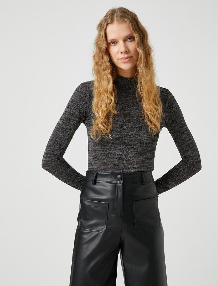  Uzun Kollu Tişört Simli Balıkçı Yaka Dar Kesim