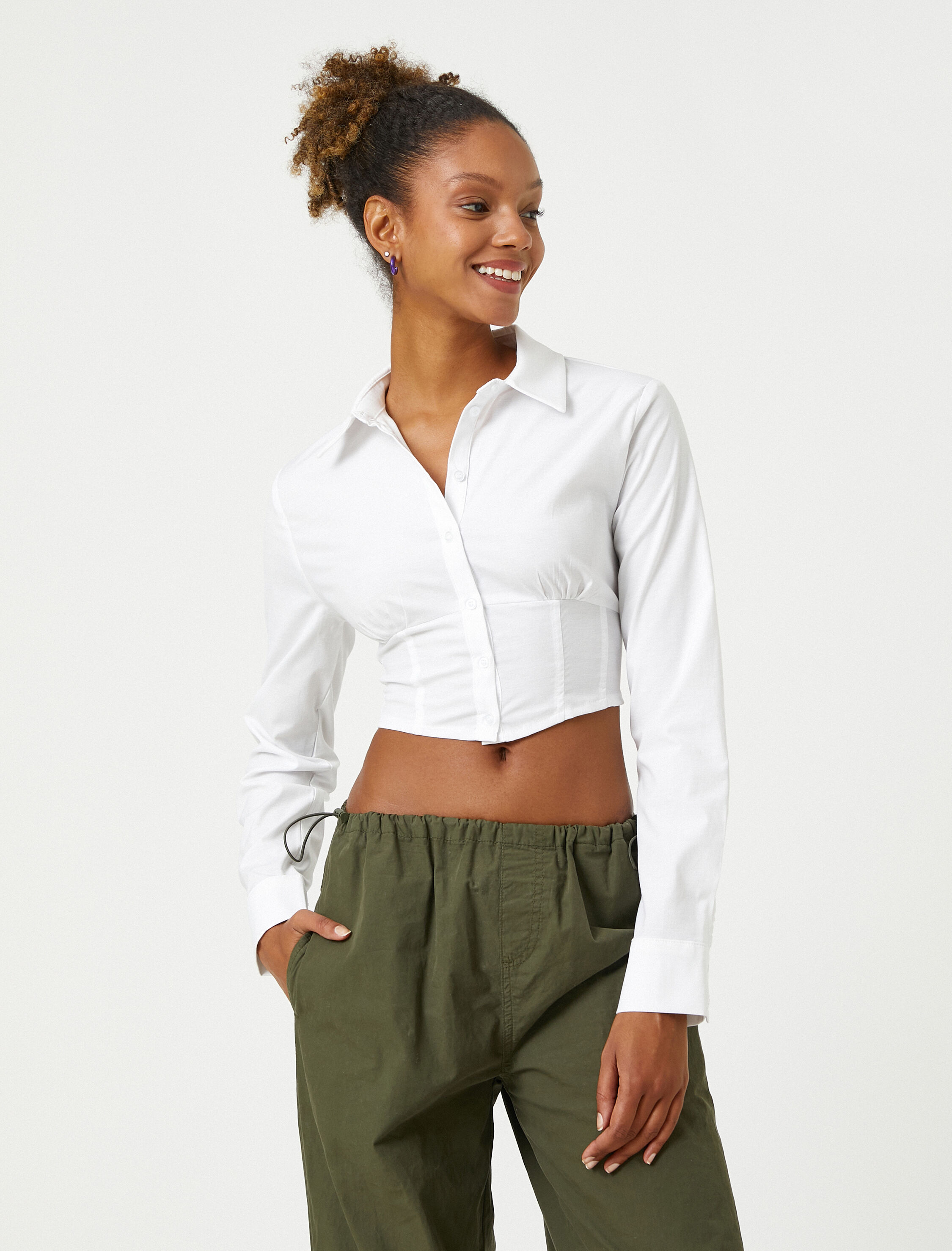   Crop Gömlek Korseli Uzun Kollu Klasik Manşet Yaka